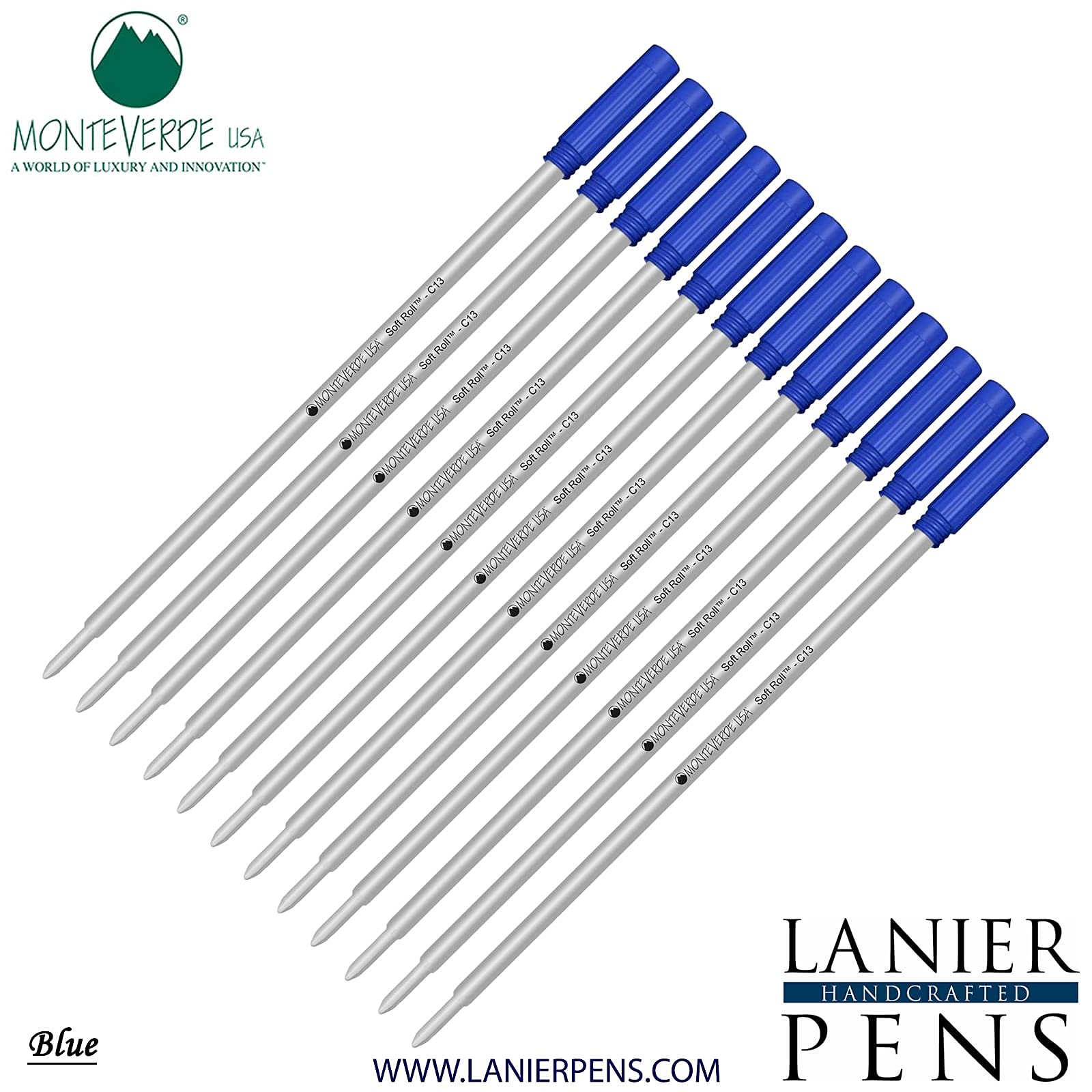 Monteverde Soft Roll Ballpoint C13 Ink Refill 12-Pack - Compatible with Cross Style Pens - Medium Tip 0.7mm Blue Ink - Perfect for Office, School & Everyday Writing Needs