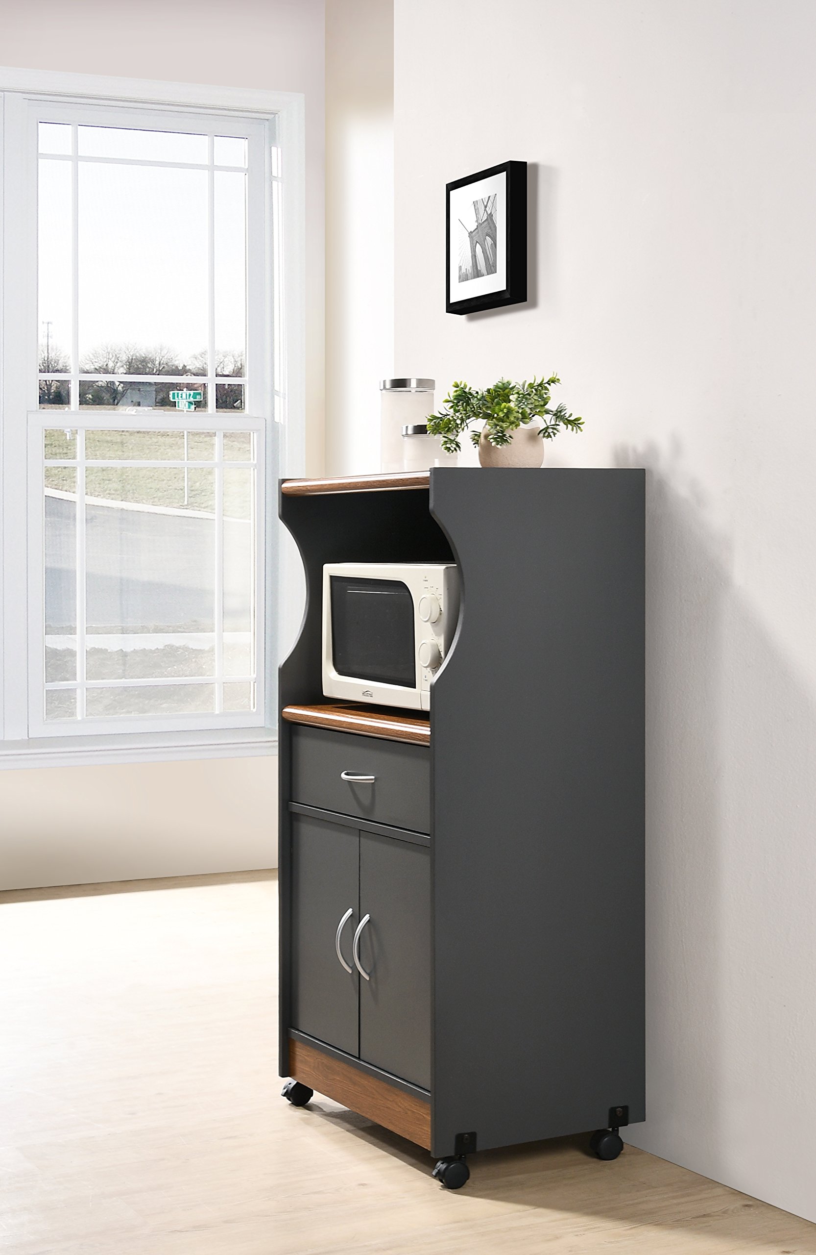 HODEDAH Microwave Cart with Storage - 1 Drawer, 2 Doors & Shelf - Compact Kitchen Organizer for Small Spaces - Grey Oak Finish - Perfect for Apartments, Dorms & Office Break Rooms