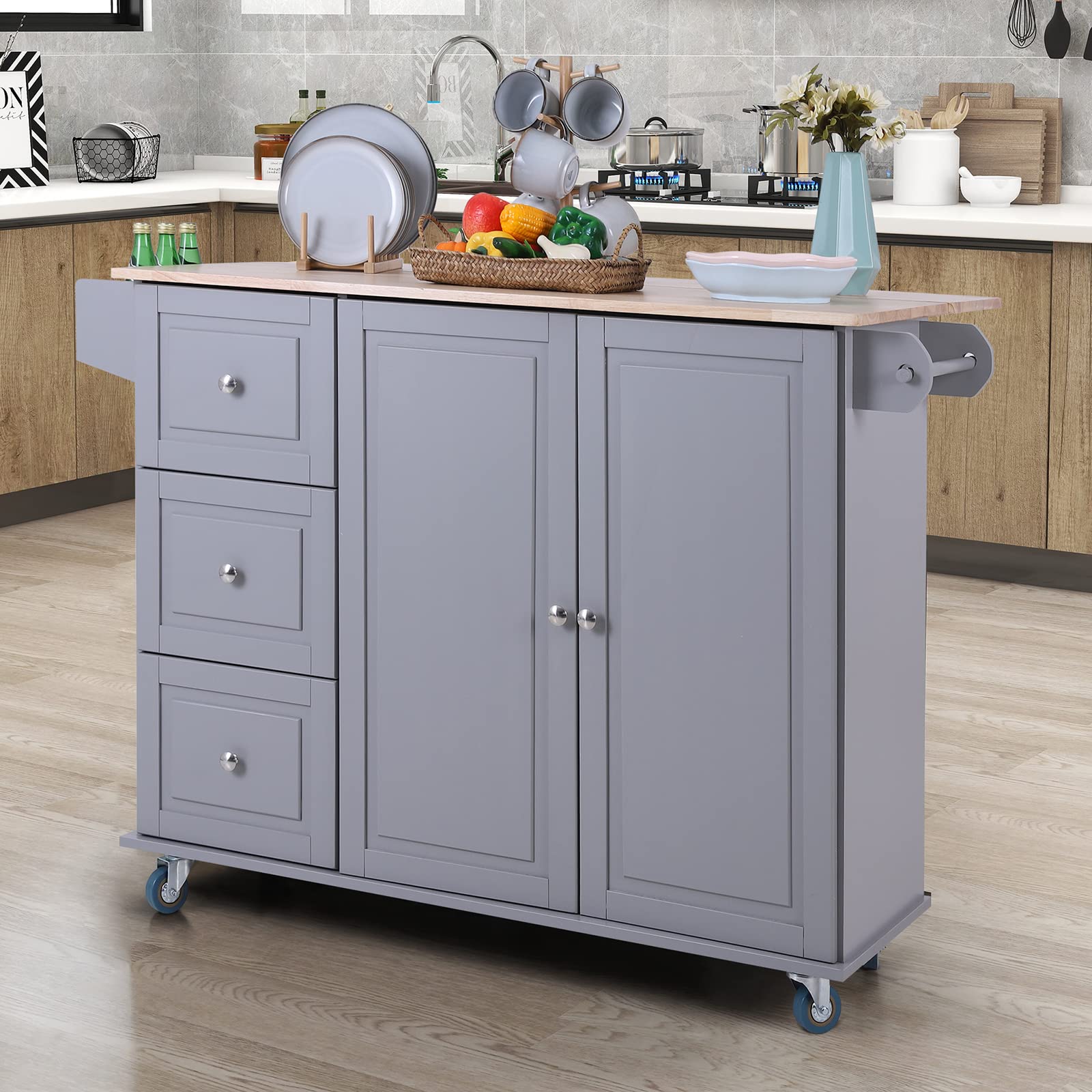Portable Kitchen Island Cart on Wheels with Drop Leaf, Spice Rack, Towel Bar & Storage Drawers - Grey | Mobile Kitchen Organizer for Small Spaces, Dining Room & Apartment Cooking