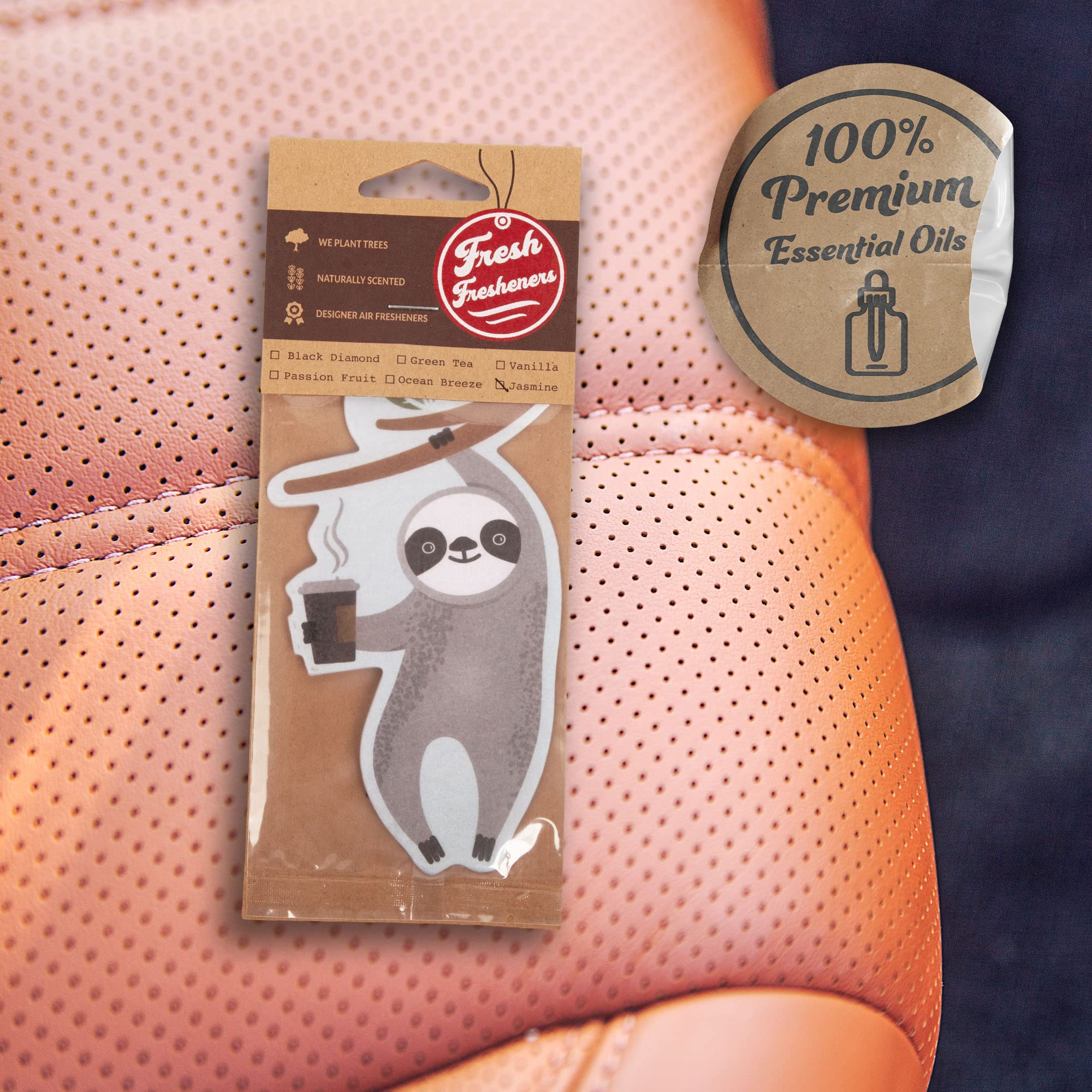 Natural Essential Oil Sloth Car Air Freshener (6 Pack) - Cute & Long-Lasting Aroma for Cars, Offices & Home Decor