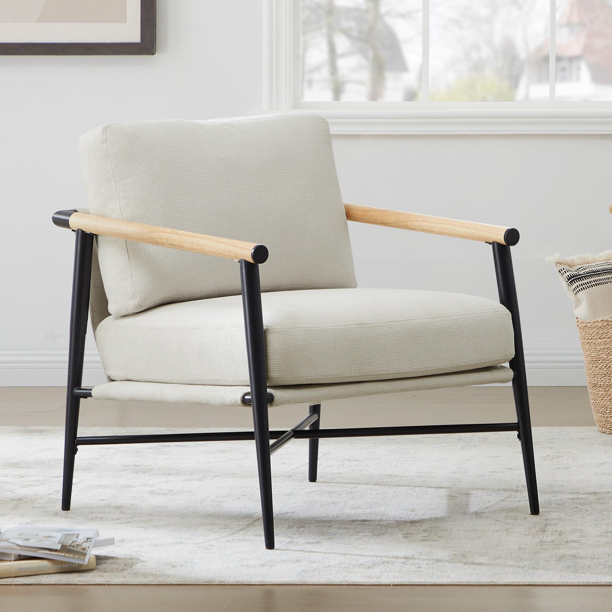 Watson & Whitely Mid Century Modern Accent Chair - Upholstered Lounge Armchair with Sturdy Metal Frame & Wooden Armrests - Comfortable Reading Chair for Living Room, Bedroom, Office - Perfect for Relaxing, Reading & Home Decor (White)