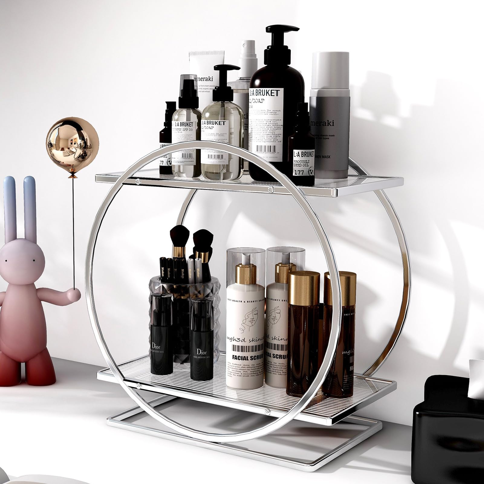 2-Tier Bathroom Counter Organizer - Vanity Makeup & Skincare Display Tray, Perfume Holder for Dresser - Silver Cosmetic Organizer Rack (Perfect for Bathroom Vanity, Bedroom Dresser & Gift for Women)
