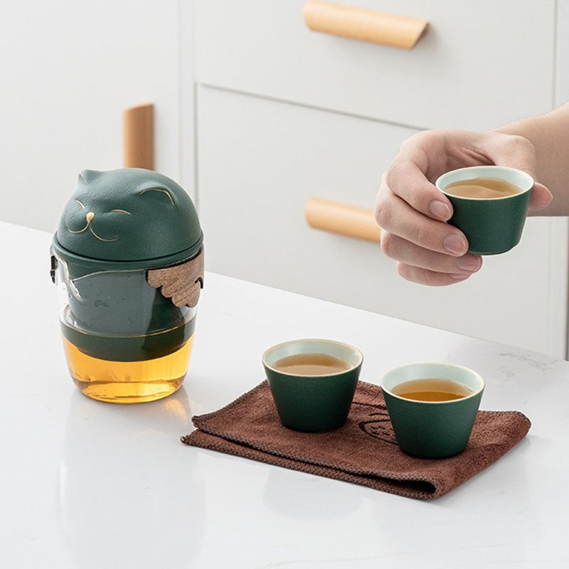 Maneki Neko Fortune Cat Travel Tea Set - Japanese Lucky Cat Ceramic Tea Cup with Infuser | Perfect for Office, Home, and Travel Use
