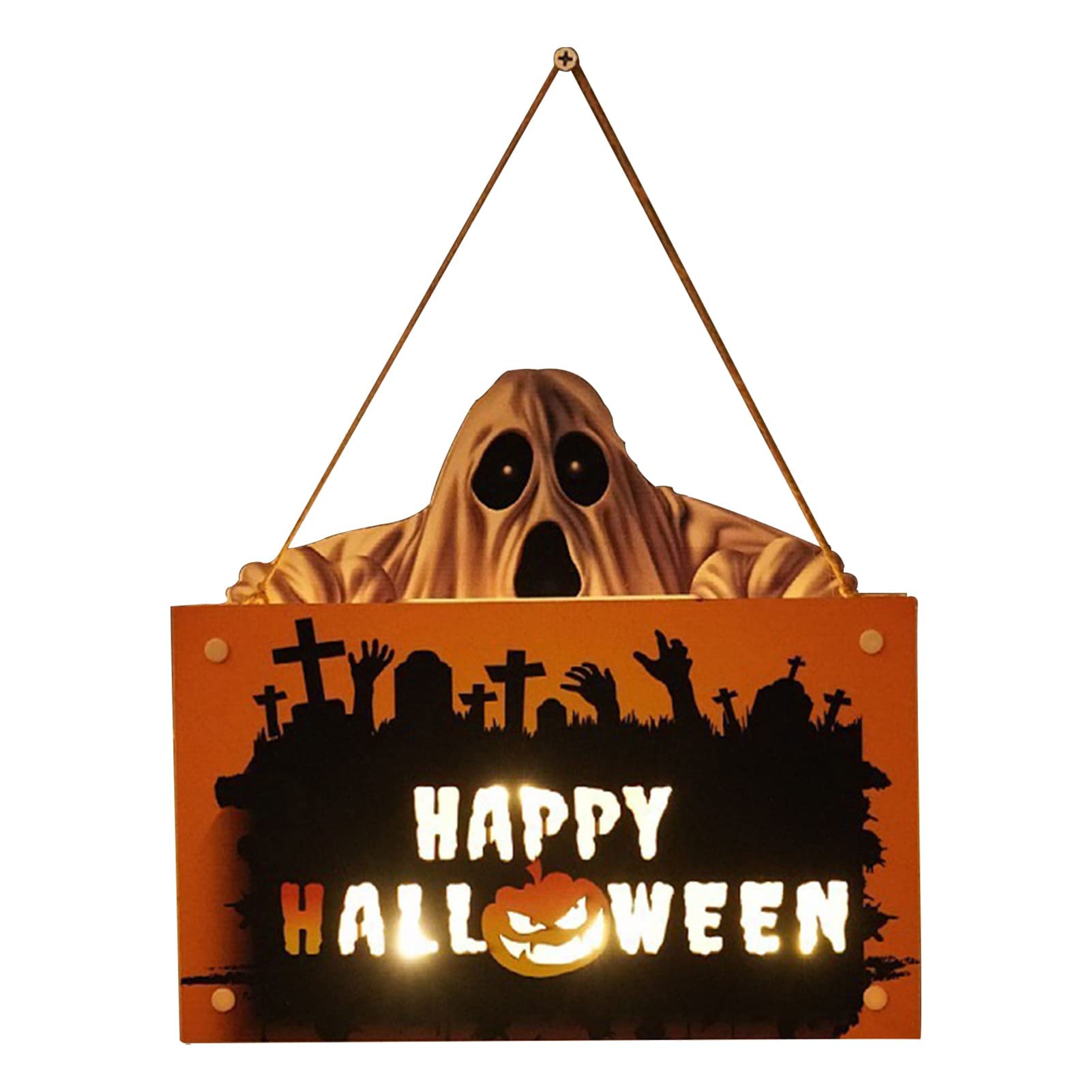 Happy Halloween LED Hanging Signs - Pumpkin Ghost Witch Rustic Wall Decor with Ambient Light, Wooden Door Hanging Welcome Sign for Halloween Party, Home, Porch & Yard Decoration