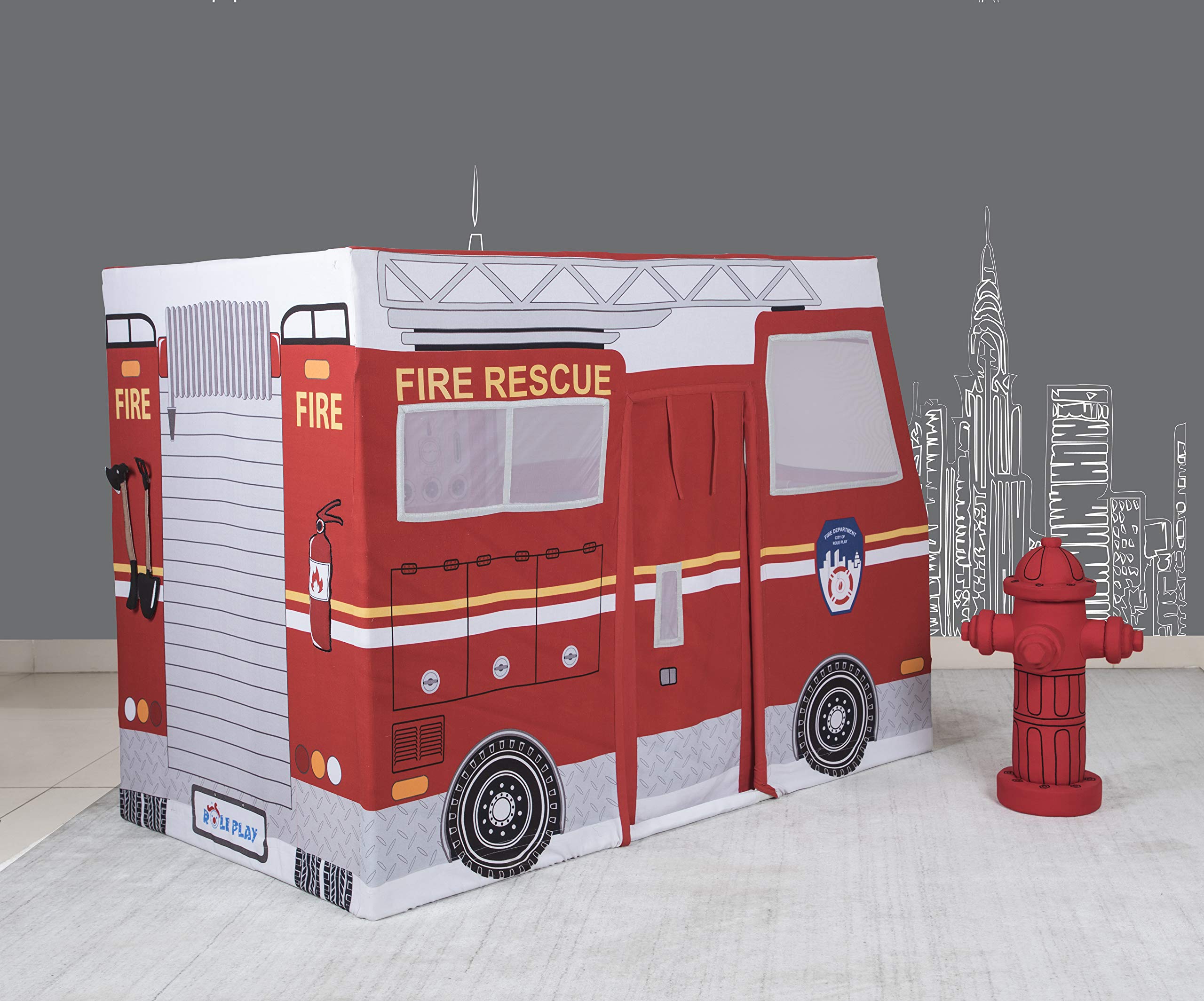 Premium Kids' Fire Truck Play Tent - Indoor & Outdoor Role Play House for Pretend Play | 100% Cotton Canvas Durable Playhouse with Free Plush Toys | Encourages Imagination & Creativity for Ages 3+ | Perfect for Backyard Adventures & Birthday Parties