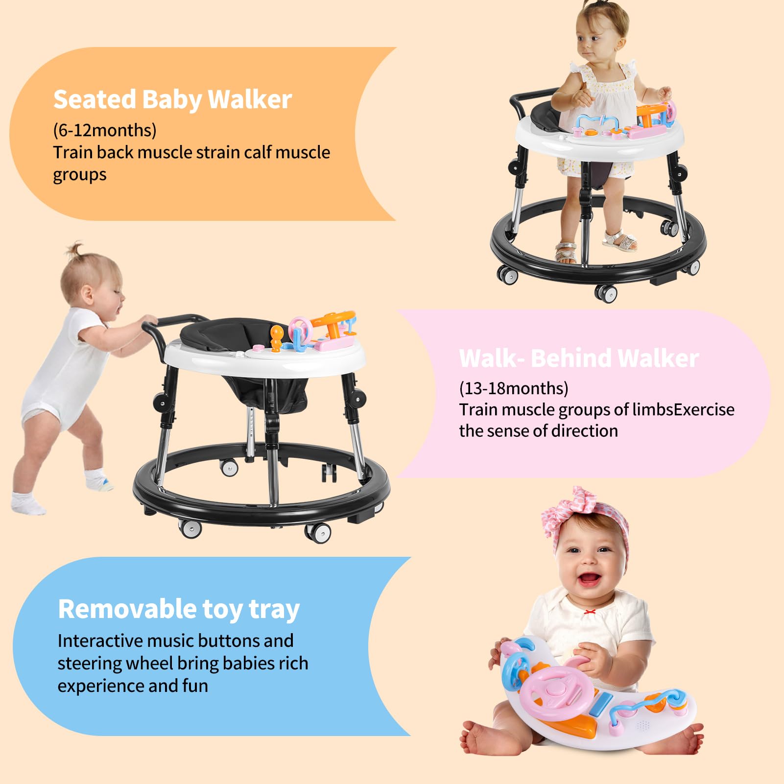 Foldable Baby Walker with Activity Center & Music - Adjustable Height (5 Levels) for Boys & Girls 6-12 Months - Includes Feeding Tray & Wheels - Perfect for Learning to Walk & Indoor Playtime