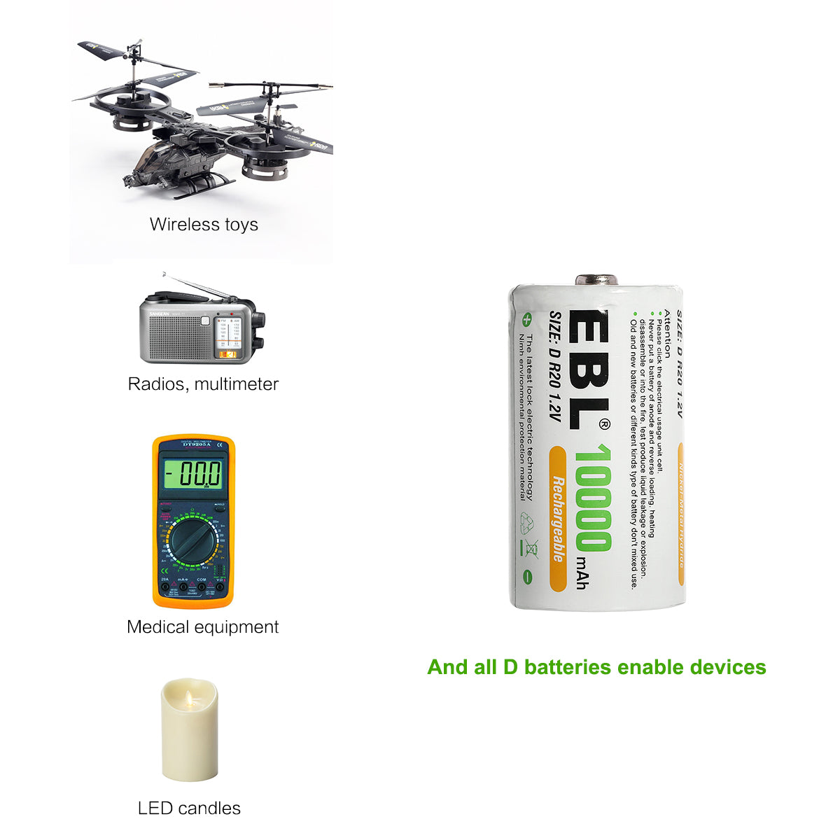 EBL Rechargeable D Batteries 10000mAh High Capacity - 4 Pack Long Lasting Power for Flashlights, Toys, Radios & Emergency Devices
