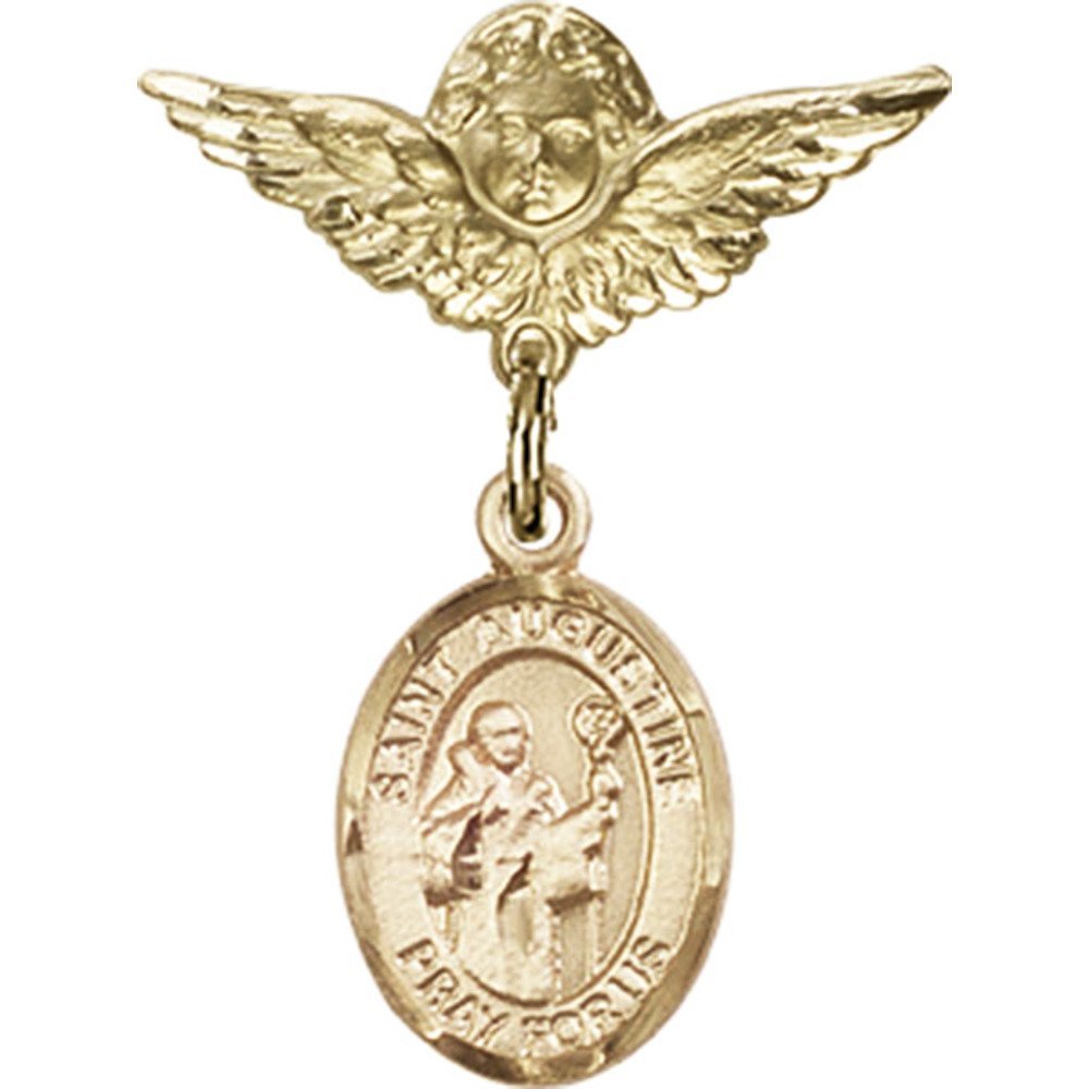 Gold Filled Baby Badge with St. Augustine Charm & Angel Wing Pin - 1 x 3/4 Inch - Perfect for Christening Gifts, Baby Showers & Keepsake Jewelry