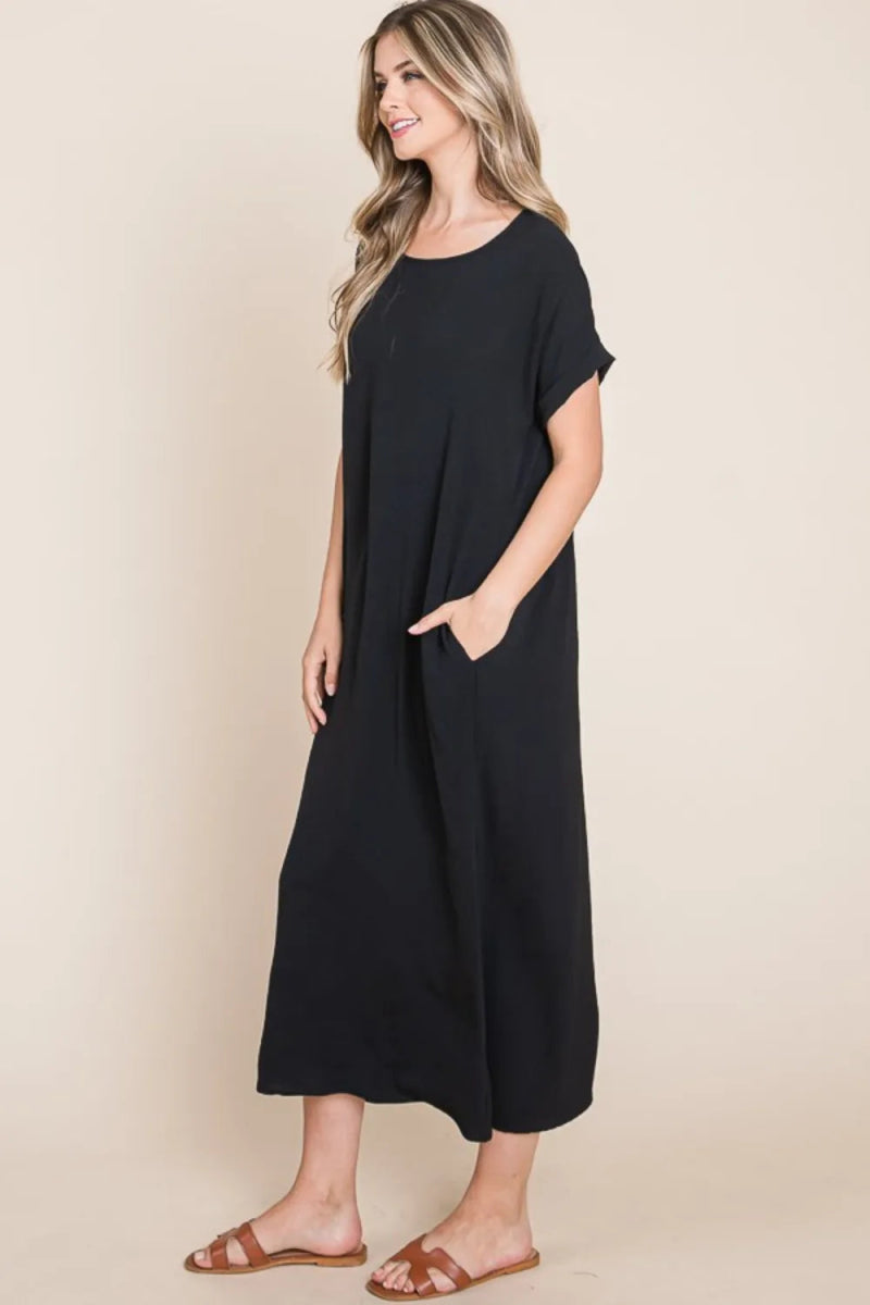 BOMBOM Women's Summer Round Neck Short Sleeve Midi Dress with Pockets - Casual Flowy Dress for Beach, Vacation & Everyday Wear