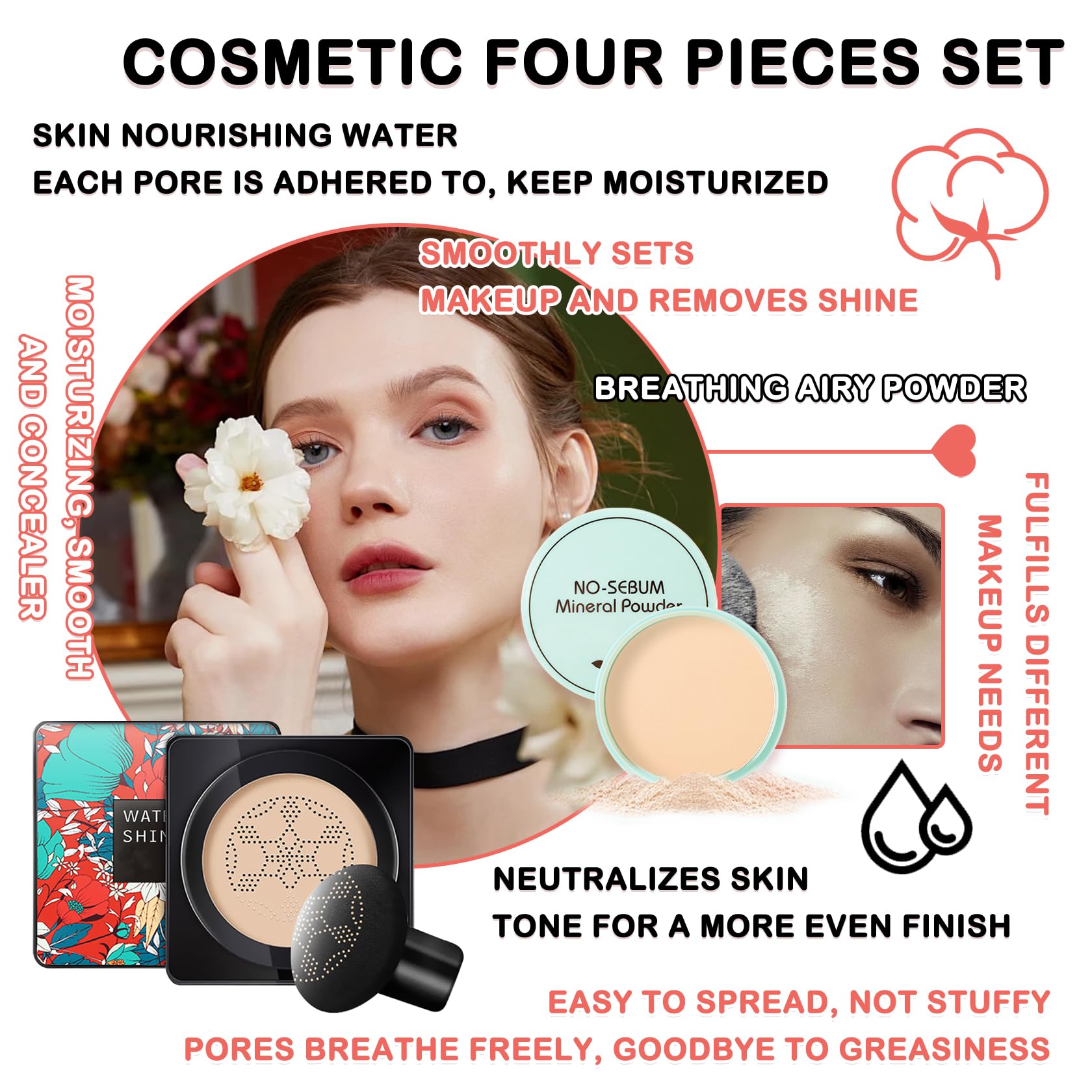 Mushroom Head Air Cushion CC Cream - Full Coverage Liquid Foundation with Oil Control & Long Lasting Moisture | Concealer, BB Cream & Setting Powder | Includes Makeup Sponge for Flawless Application | Perfect for Daily Wear, Special Occasions & On-The-Go Touch Ups