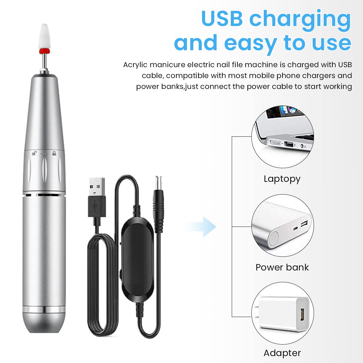 MAYCREATE® Professional 30000 RPM USB Nail Drill Machine with Drill Bits - Adjustable Speed Electric Manicure Pedicure Tool for Gel Nails, Acrylics & Nail Art | Portable Salon-Grade Nail Drill for Home & Professional Use