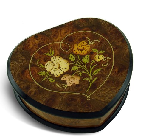 Heart Shaped Floral Wood Inlay Musical Jewelry Box with Clair de Lune - Romantic Gift for Women, Engraved Music Box for Jewelry Storage - Perfect for Valentine's Day, Anniversary & Wedding Gifts