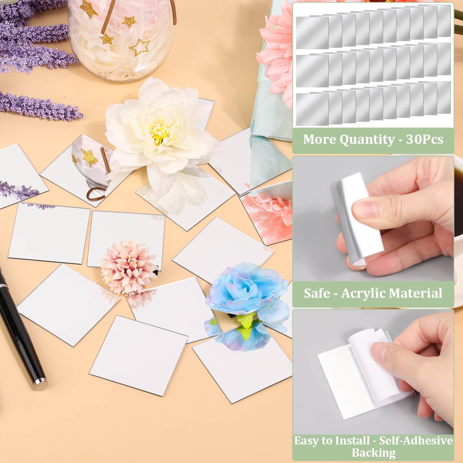 30 PCS Self-Adhesive Acrylic Mini Mirror Tiles - 2 Inch Square High-Definition Small Mirrors for DIY Crafts, Home Wall Decor, Kitchen & Bathroom Renovation - Perfect for Mosaic Art, Vanity Makeup & Interior Design Projects