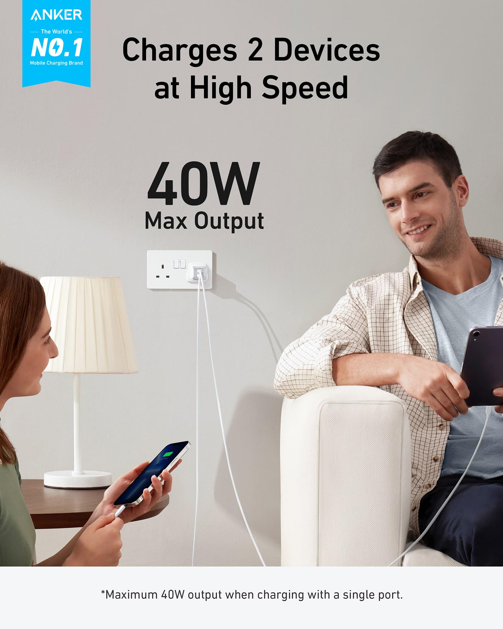 Anker 40W USB C Fast Charger with 2 Ports - Compact & Powerful USB C Plug for iPhone 15/14 Series, Galaxy S23/S22, iPad Pro/Air - Perfect for Travel, Office & Home Charging (Cable Not Included)