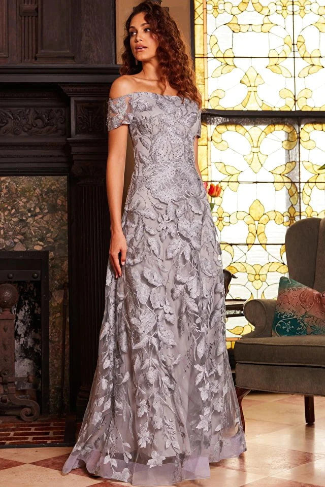 Jovani 09810 Grey Short Sleeve A-Line Evening Gown for Women - Elegant Formal Dress for Prom, Cocktail Party & Special Occasions