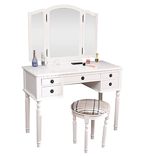 WSZJJ White Roman Column Dressing Table with Three-Fold Square Mirror & Drawers - Includes Matching Dressing Stool - Perfect for Bedroom Vanity & Makeup Organization - Fast US Shipping