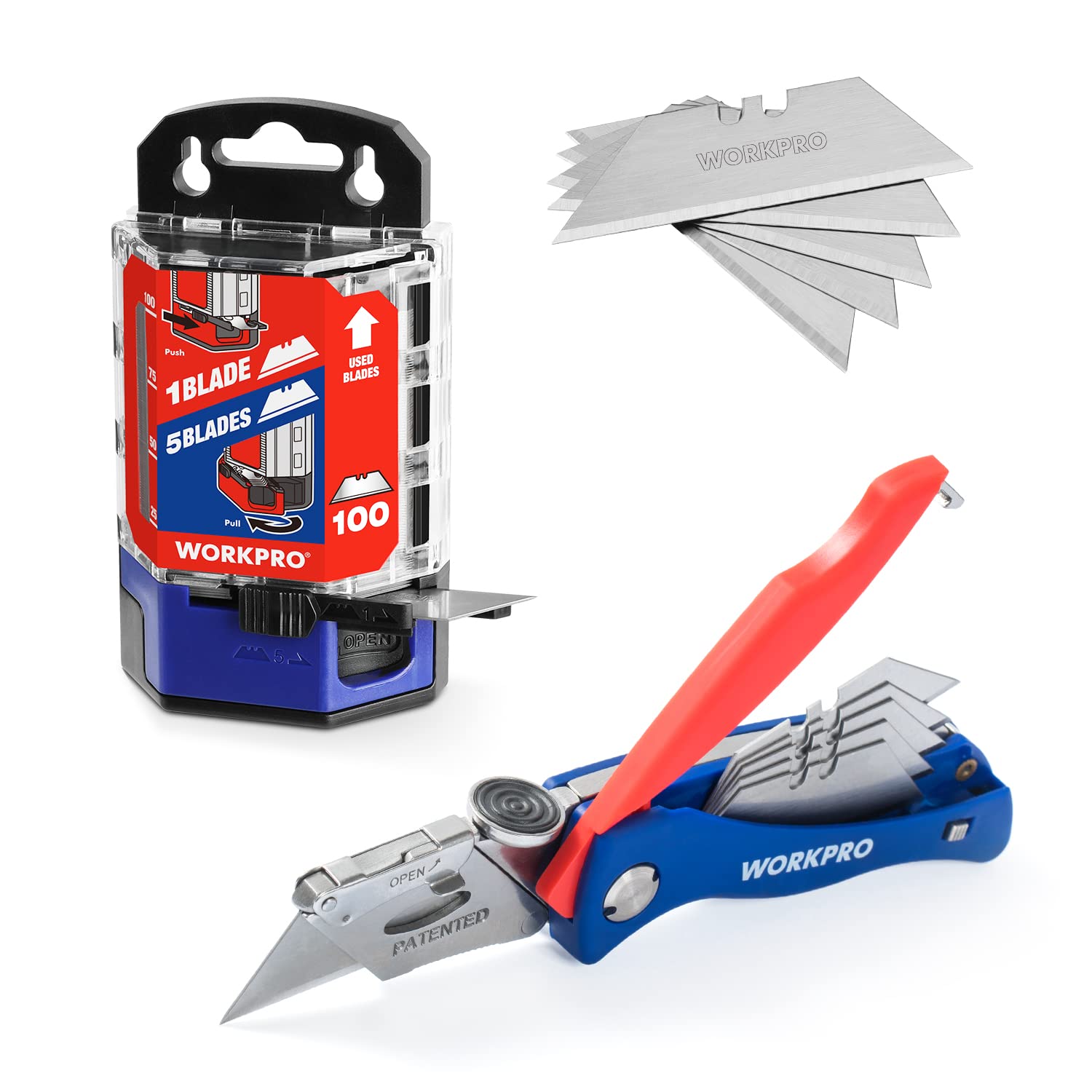 WORKPRO Folding Utility Knife with Quick-Change Feature & 100-Pack Replacement Blades with Dispenser - Heavy Duty Box Cutter for Warehouse, Construction, and DIY Projects