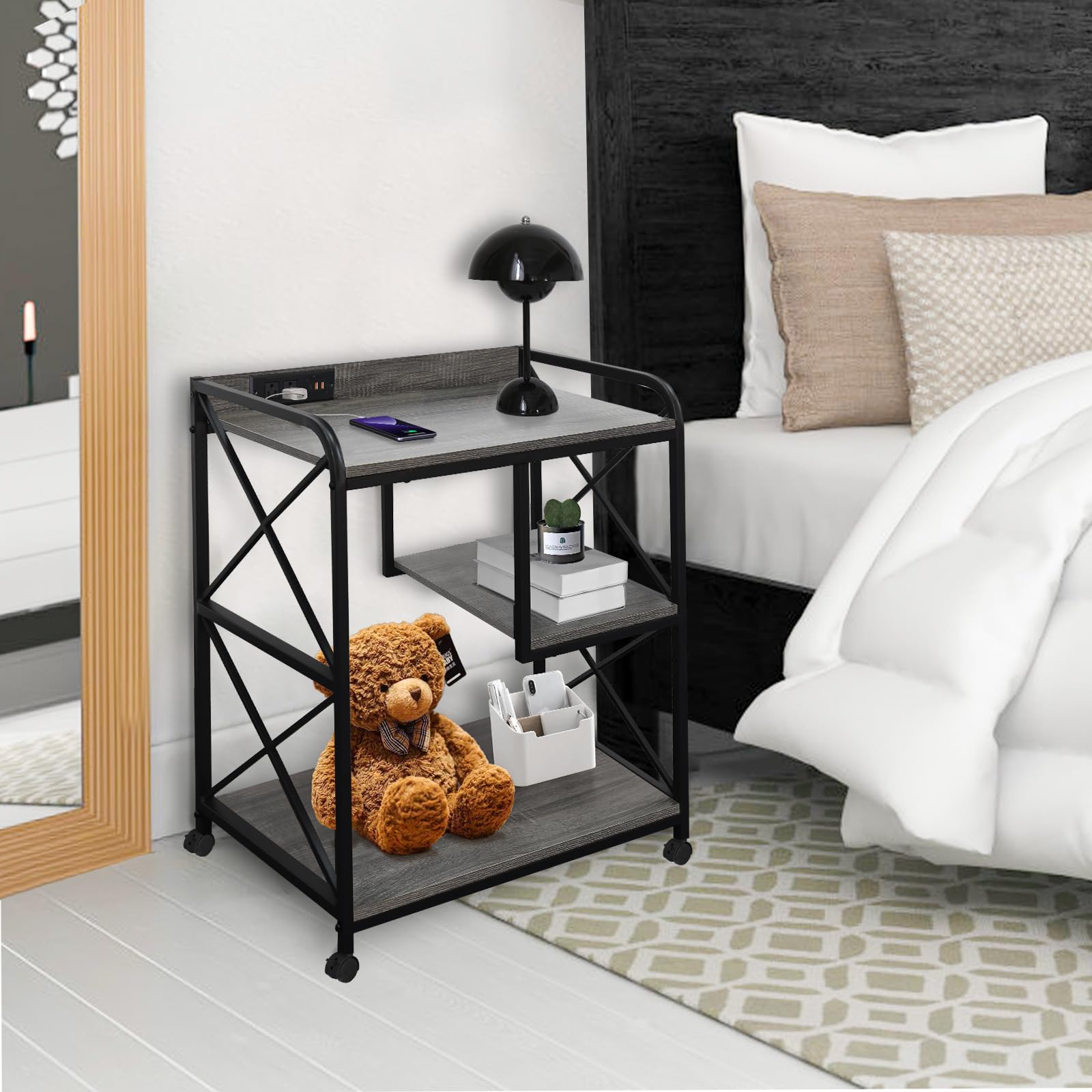 23 x 18 Inch Rolling Printer Stand with Storage Shelf & Power Outlet - Mobile Printer Cart Tower for Home Office, Wheels for Easy Movement - Grey Oak Finish | Perfect for Workspace Organization & Small Office Equipment Storage