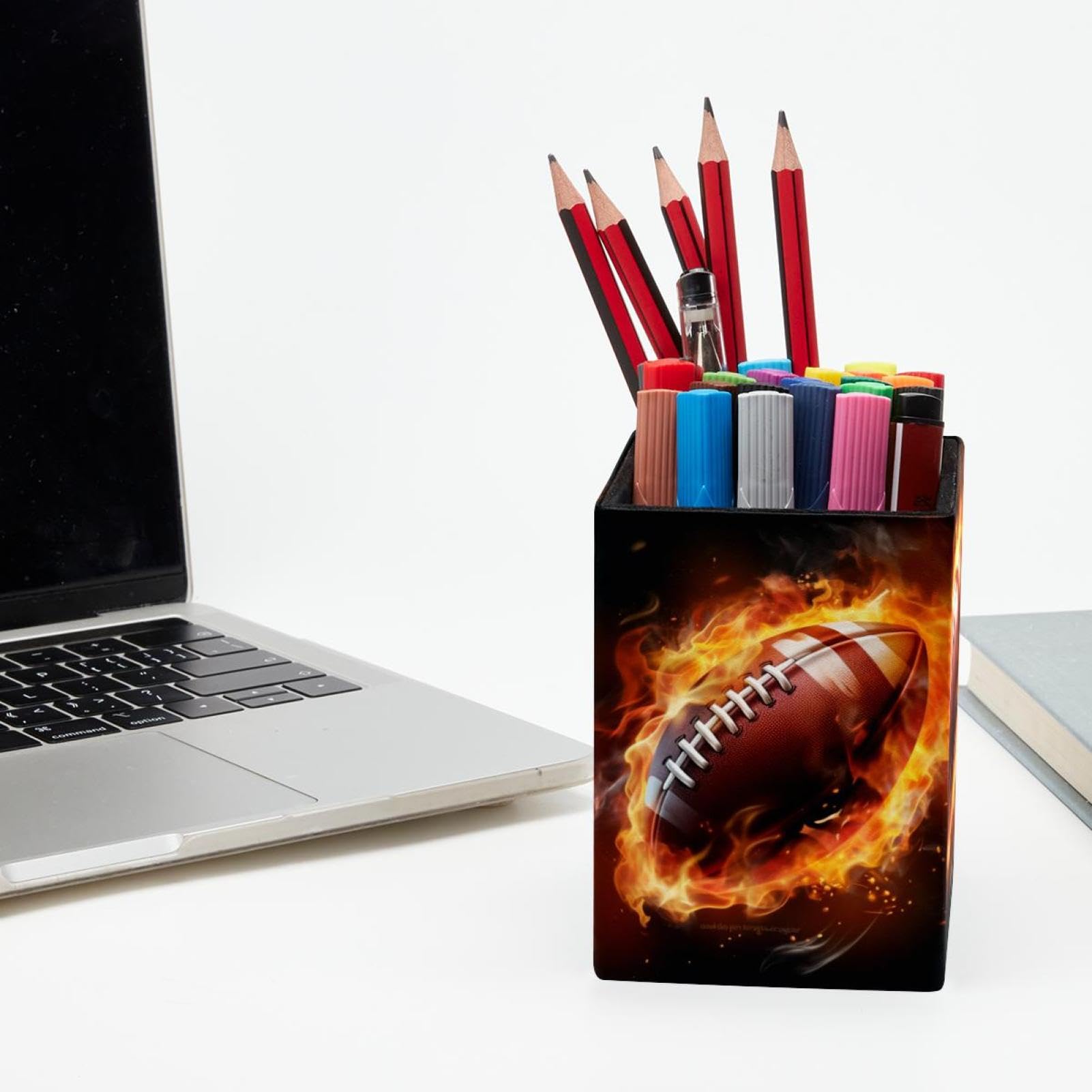 Premium Desk Pen Holder & Pencil Organizer - American Football and Fire Design - Office Supplies for Home, School, and Office Organization