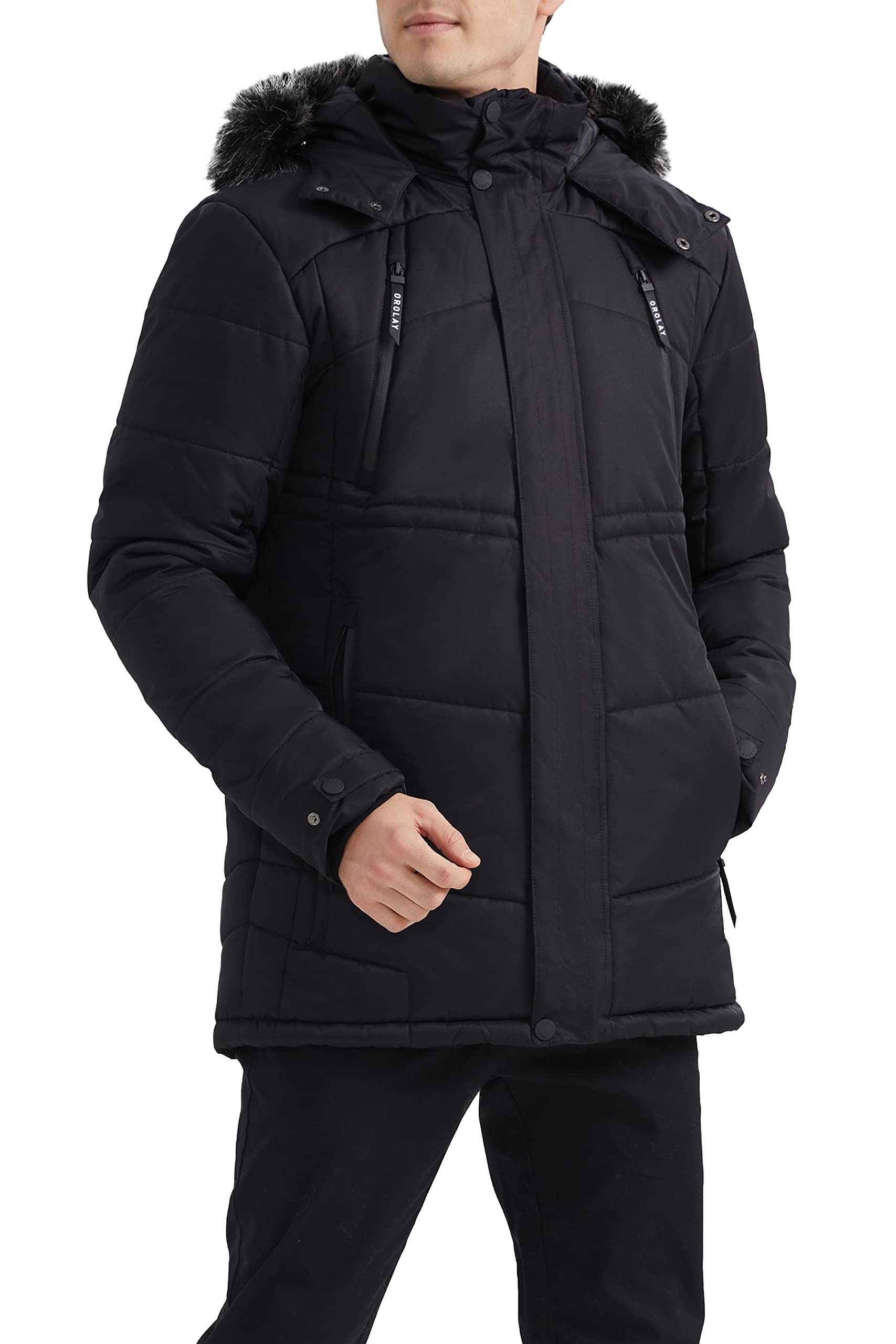 Orolay Men's Winter Warm Jacket Hooded Mountain Parka with Faux Fur - Waterproof Windproof Cold Weather Coat for Outdoor Hiking, Skiing & Daily Winter Wear