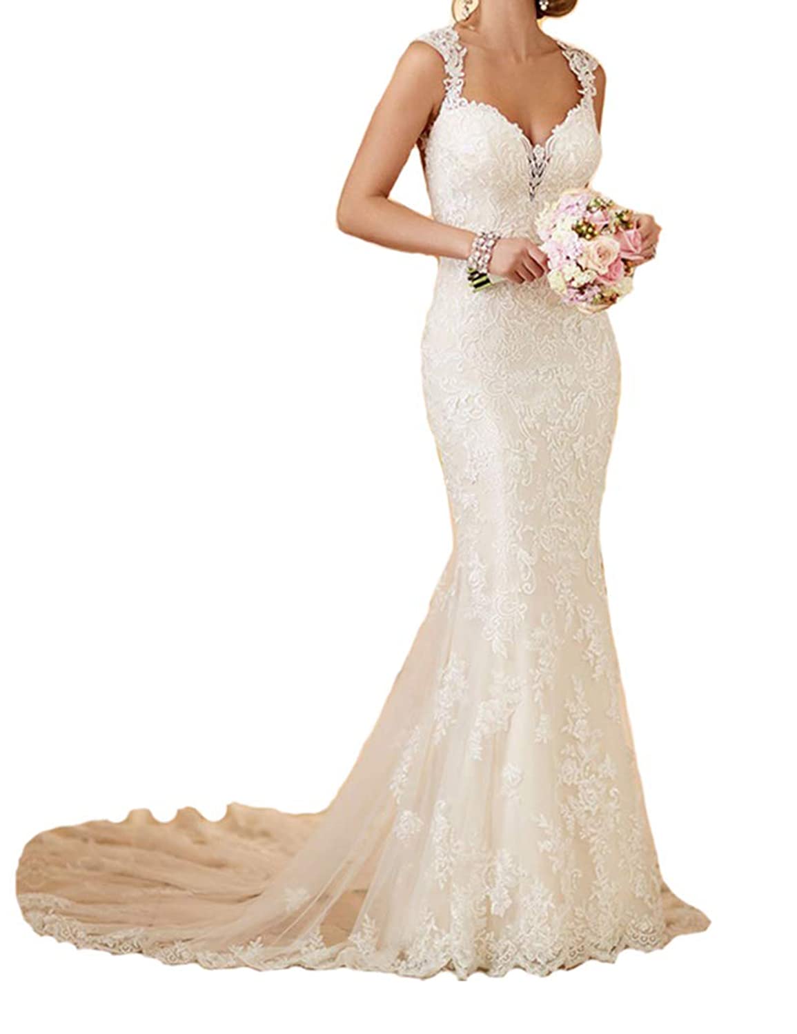 RYANTH Sexy Lace Open Back Mermaid Wedding Dress for Bride - Elegant Long Sleeve Bridal Gown for Beach, Church, and Formal Wedding Ceremonies