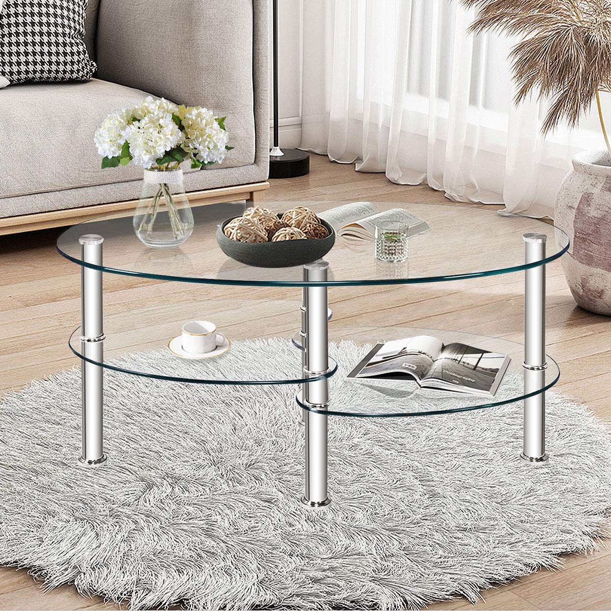 Modern Oval Glass Coffee Table with Storage - POWERSTONE Stylish Center Table for Living Room, Apartment & Home Office | Perfect for Small Spaces, Entertaining Guests & Displaying Decor