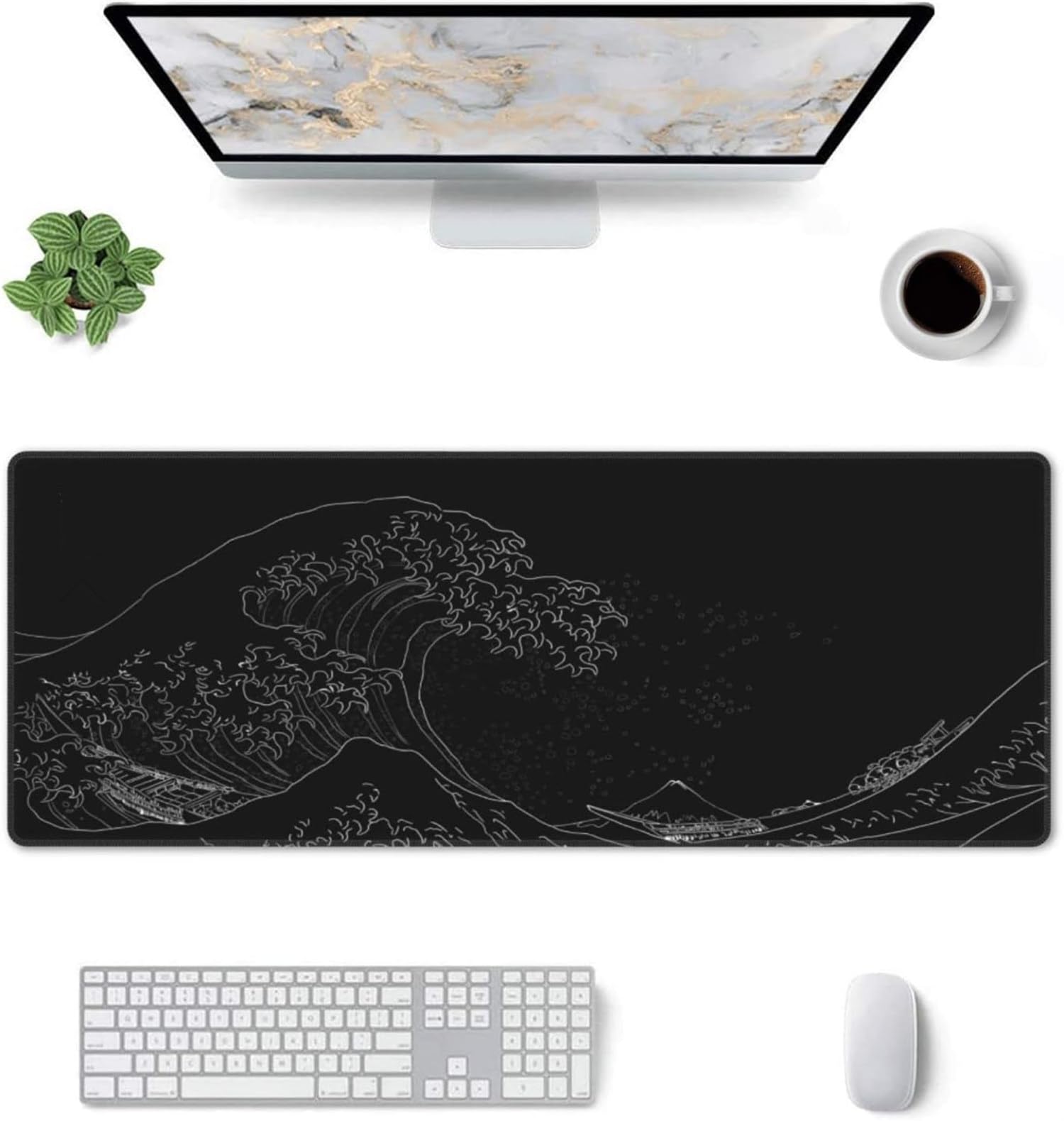 Japanese Sea Wave Anime Gaming Mouse Pad - Large Extended Kanagawa Design Desk Mat, 31.5x11.8 Inch, 2mm Thick with Non-Slip Rubber Base (Black) - Perfect for PC Gaming, Office Work & Home Decor