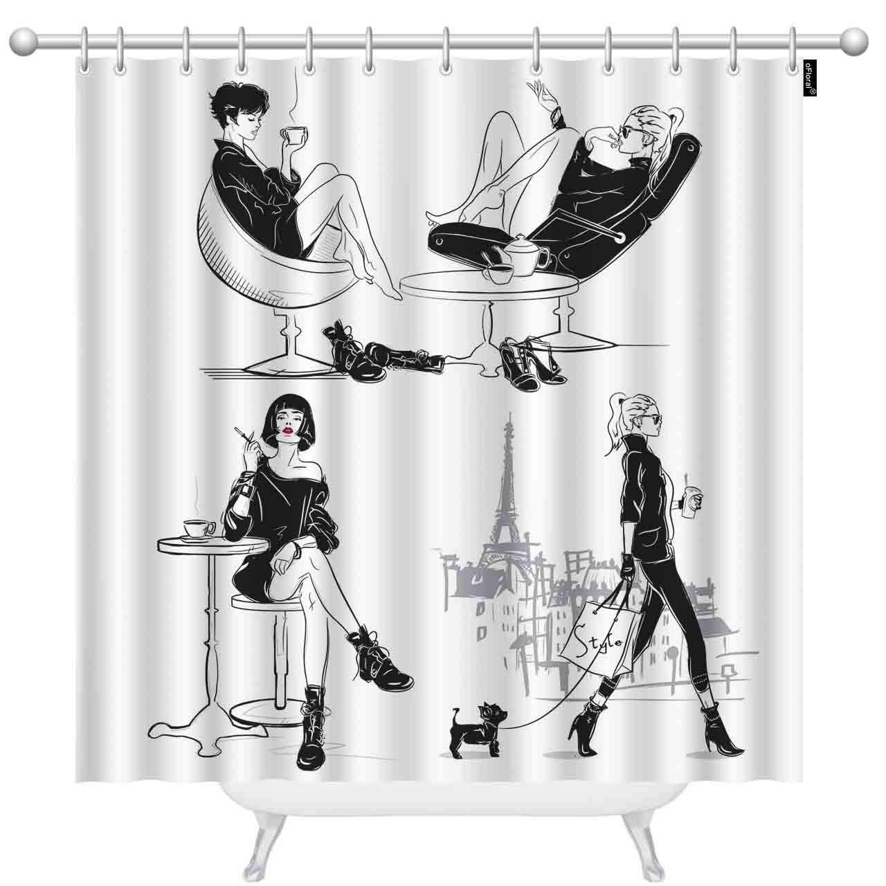 Floral Shower Curtain Set with 12 Hooks - Coffee Bathroom Decor for Relaxing Showers (72x78 Inch)