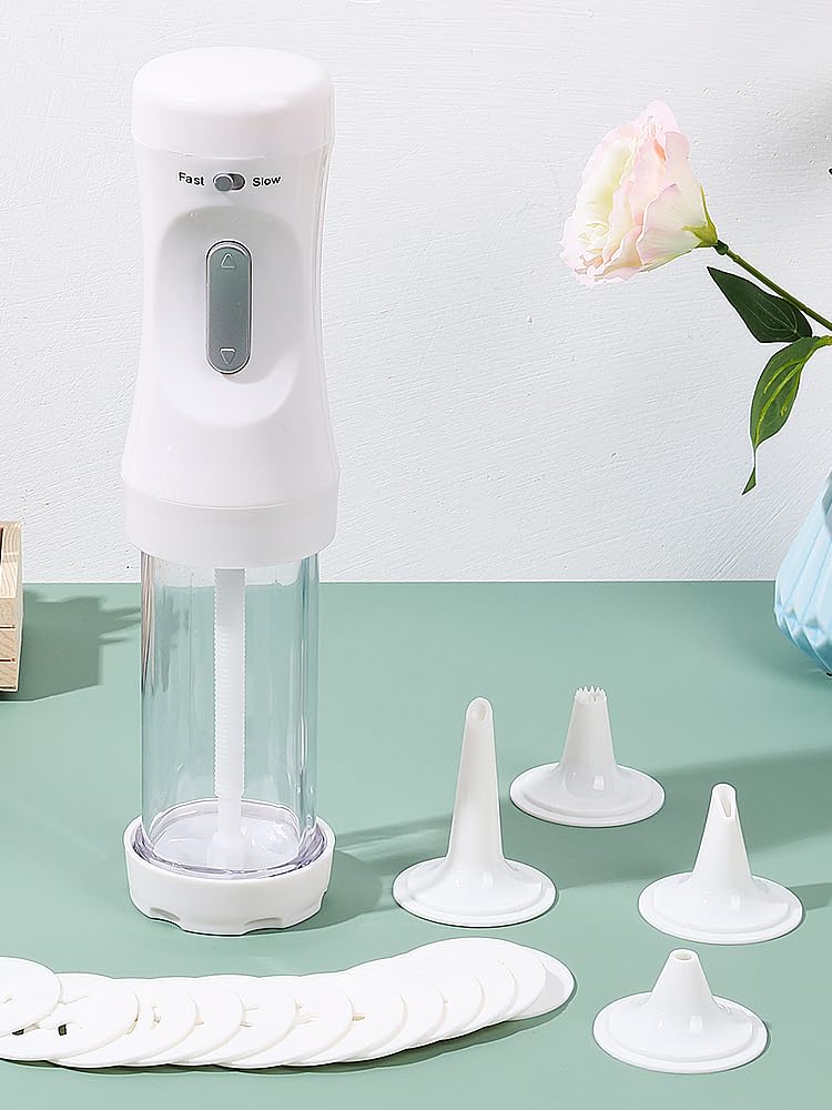 Electric Cookie Press Kit - 12 Cookie Discs & 4 Icing Nozzles for Baking, Decorating Homemade Cookies | Detachable White Transparent Design | Perfect for Holiday Baking, Birthday Parties & DIY Cookie Decorating