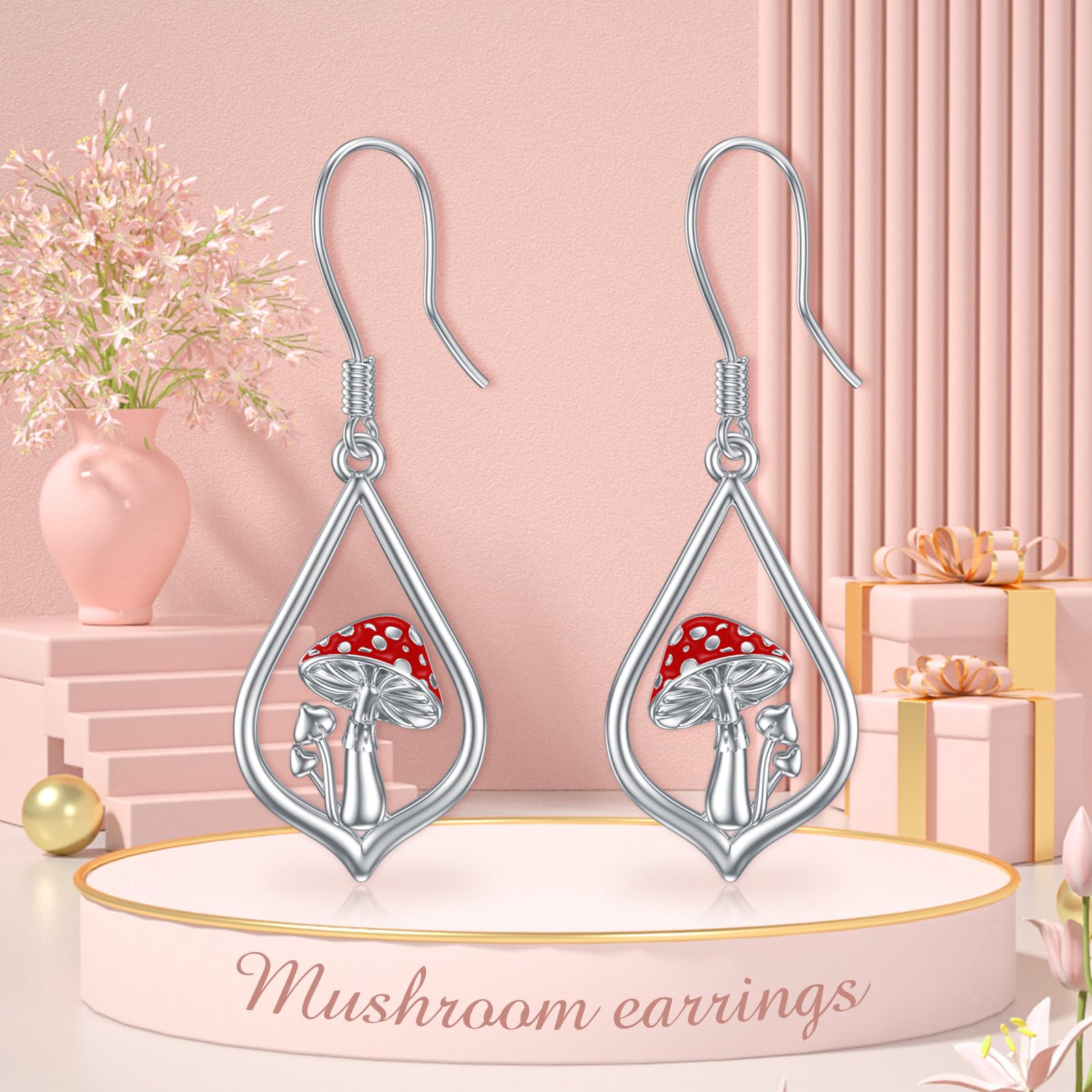 VONALA Sterling Silver Magical Mushroom Dangle Earrings for Women - Red Mushroom Drop Earrings, Unique Mushroom Jewelry Gifts for Women, Teens & Girls (Perfect for Birthday, Festival & Boho Fashion Accessories)