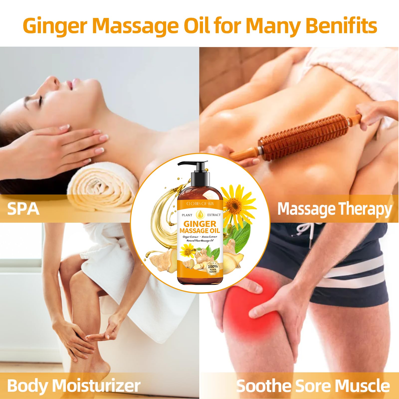 Ginger Massage Oil for Therapy & Lymphatic Drainage - Natural Warming Body Oil with Arnica for Gua Sha, Sore Muscle Relief & Relaxation | Perfect for Post-Workout Recovery, Spa Treatments & Holistic Pain Management
