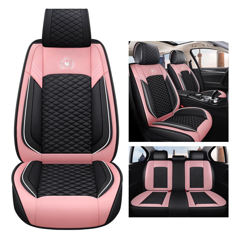 Premium Universal Leather Car Seat Covers Full Set (5 Seats) - Black & Pink - Comfortable & Durable for SUVs, Sedans, Trucks - Perfect for Road Trips, Daily Commute & Family Protection