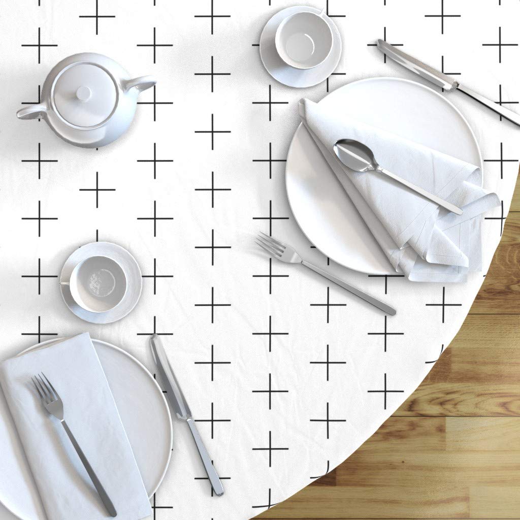 Custom Thin Line Swiss Cross Black White Geometric Minimalist Cotton Sateen Tablecloth - 90