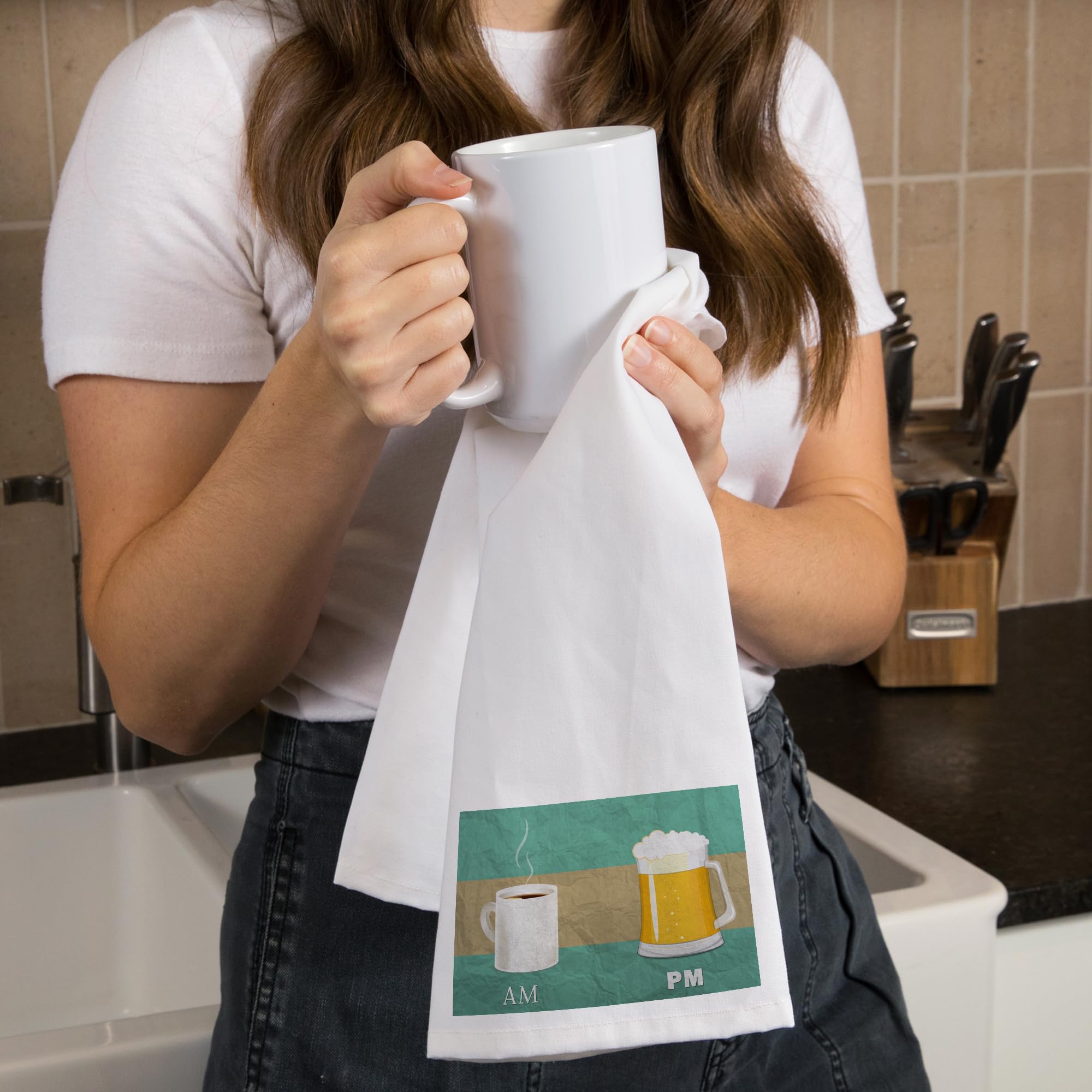 Lantern Press Coffee in The AM, Beer in The PM - 100% Cotton Tea Towel | Decorative Hand Towel for Kitchen & Home Decor | Perfect for Gifts, Housewarming & Coffee Lovers