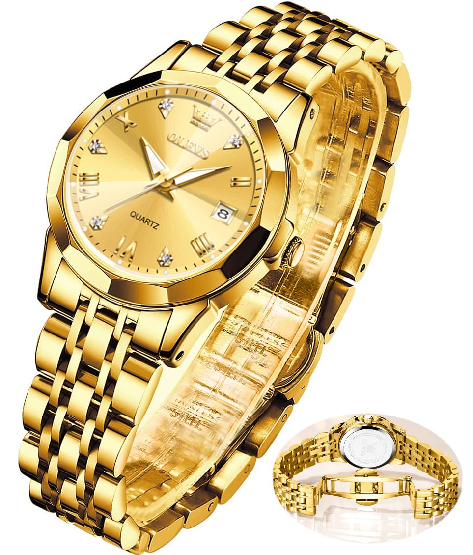 OLEVS Women's Gold Stainless Steel Waterproof Analog Watch with Date & Day - Small Face Quartz Ladies Watch - Fashion Gold, Black & White Dials - Perfect for Office, Party & Everyday Wear