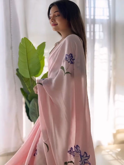1 Minute Light Pink Pure Georgette Stitched Ready-Made Saree | Elegant Indian Traditional Dress for Weddings, Parties & Festive Occasions