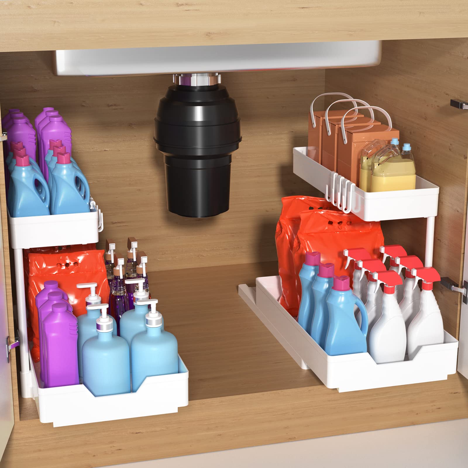 Under Sink Organizer Shelf - 2 Pack White L-Shaped Pull Out Cabinet Storage for Kitchen & Bathroom | 2-Tier Sliding Drawer Organizer for Sponges, Cleaners & Toiletries | Space Saving Solution for Small Sink Areas