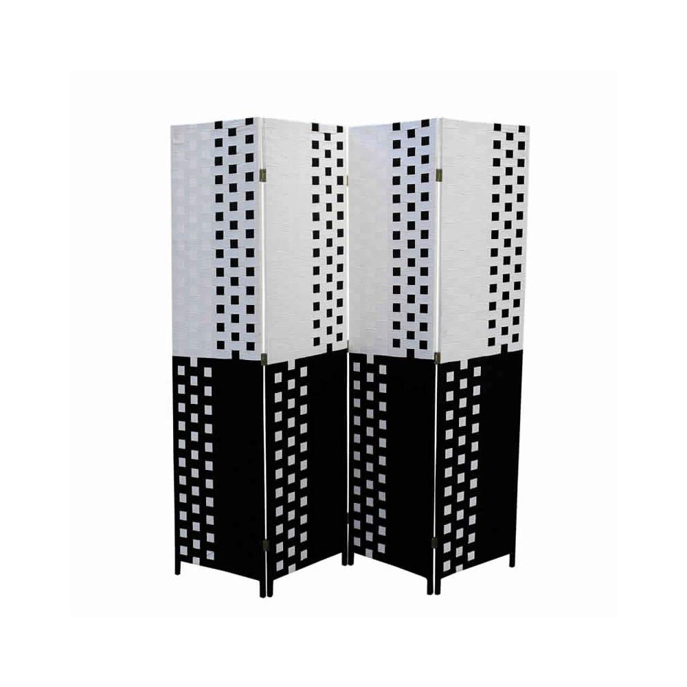 Benjara 4-Panel Paper Straw Room Divider with 2-Inch Wooden Legs - White & Black Decorative Folding Screen for Home, Office, and Event Spaces