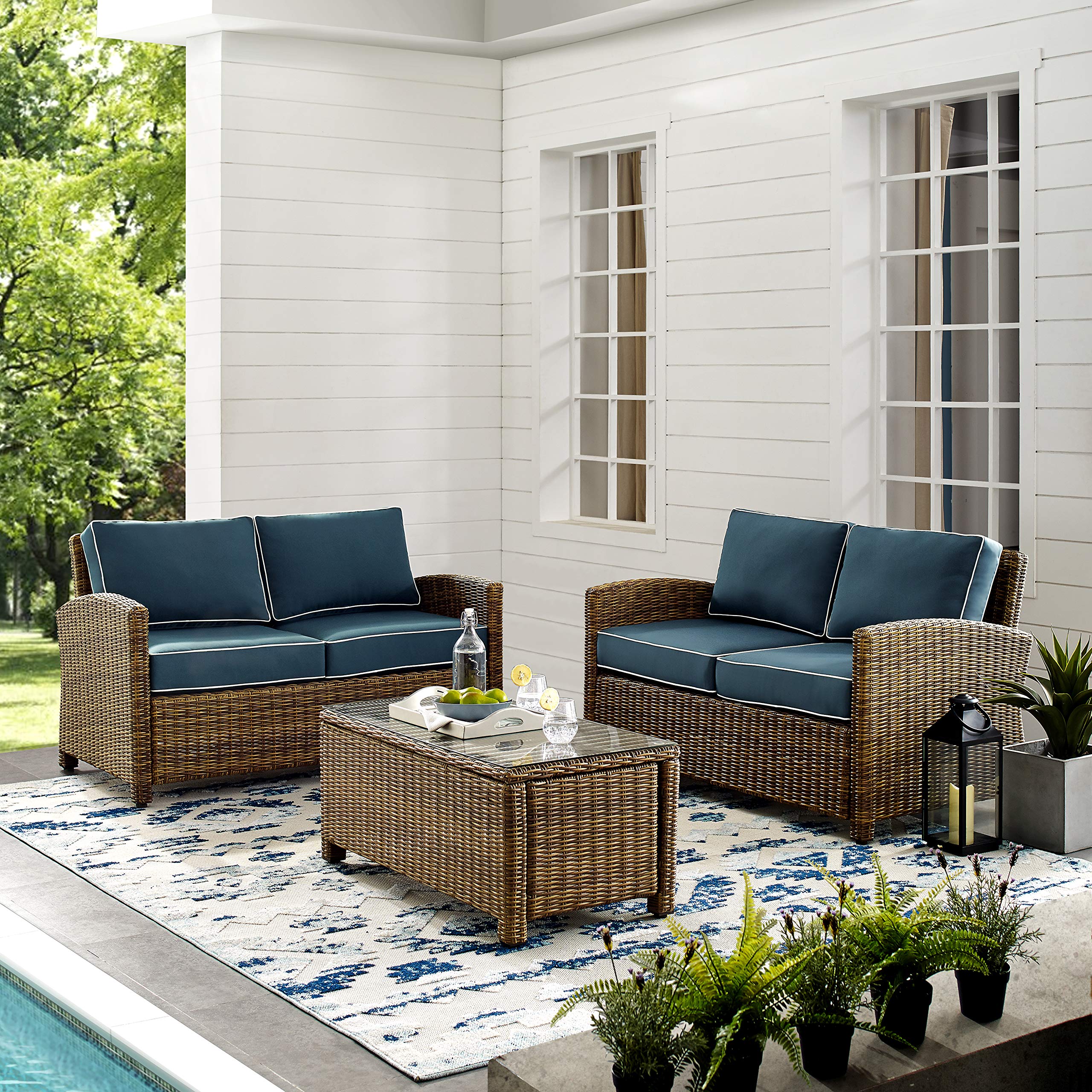 Crosley Bradenton 3-Piece Outdoor Wicker Loveseat Set with Navy Cushions - Patio Furniture for Porch, Garden & Backyard - Brown Weather-Resistant Conversation Set for Relaxing Outdoors
