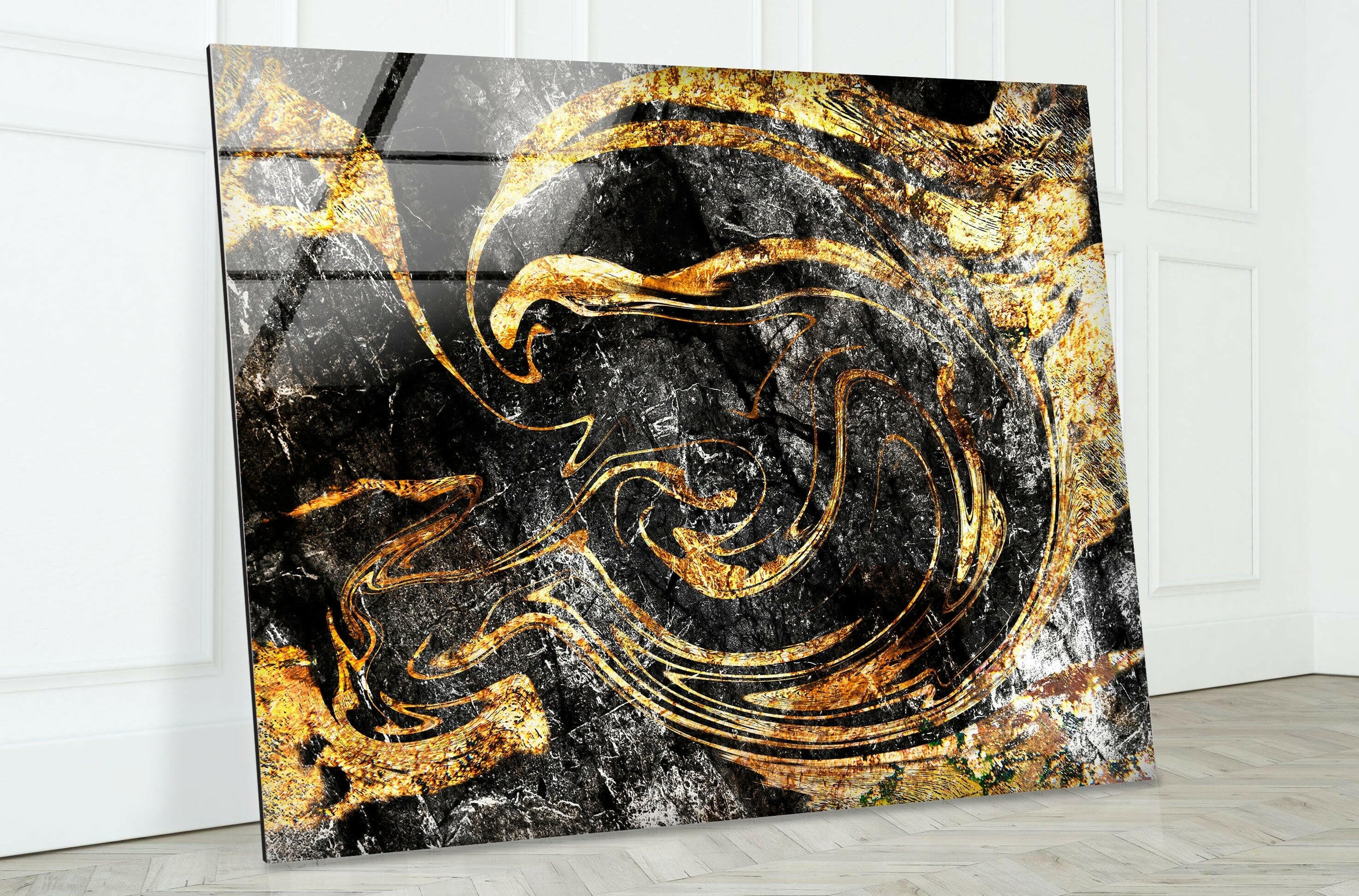 Elegant Black and Gold Marbled Glass Wall Art - Modern Home Decor for Living Room, Bedroom & Office