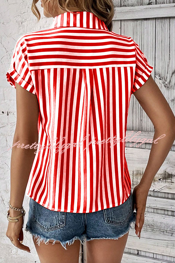 Men's Striped Print Short Sleeve Pocket Shirt - Casual Summer Button Down Top for Beach, Office & Outdoor Activities