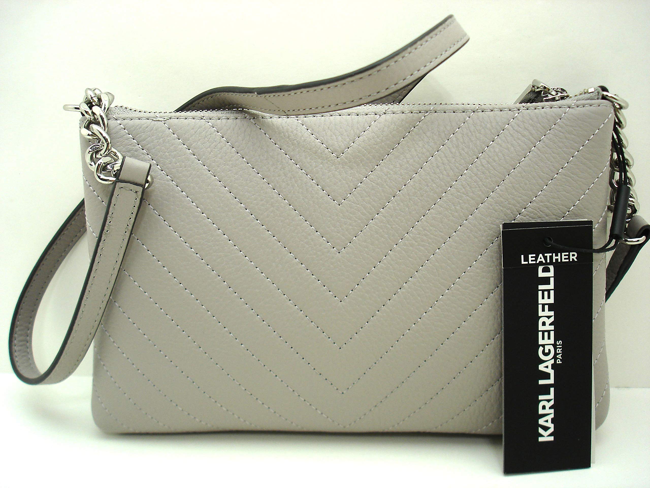 Karl Lagerfeld Paris Charlotte Small Pebbled Leather Crossbody Bag - Light Grey/Silver | Fashionable & Elegant for Women | Perfect for Work, Travel & Evening Out