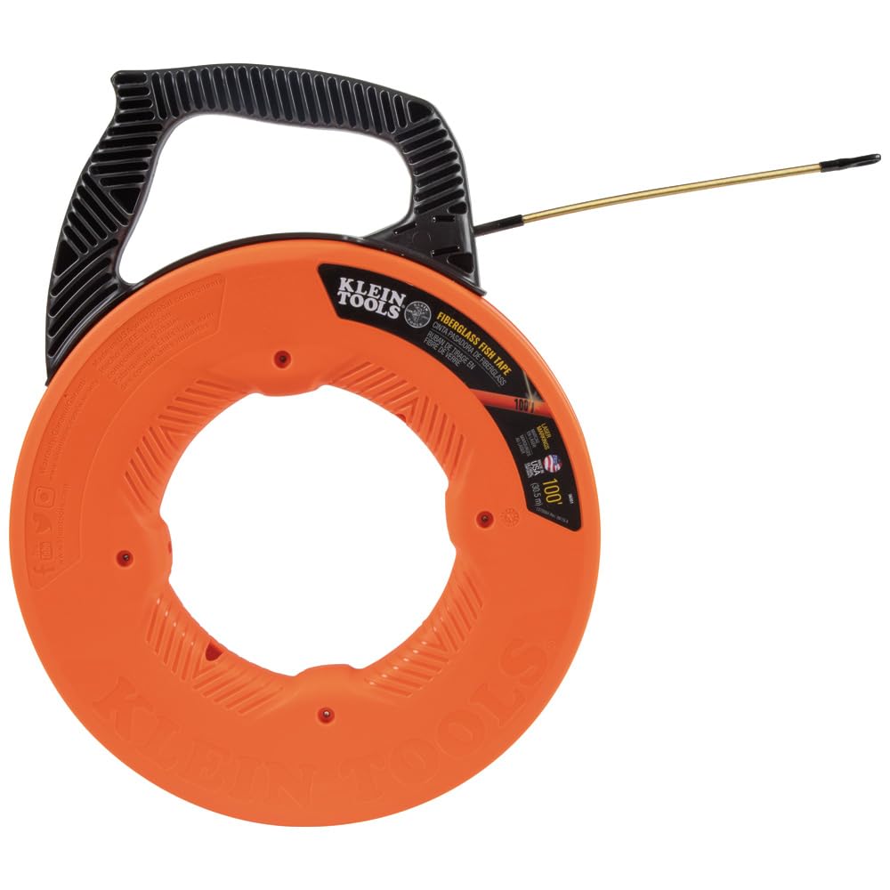 Klein Tools 56351 Non-Conductive Electrical Fish Tape - 100-Foot Fiberglass Wire Puller with Steel Leader & Optimized Housing | Perfect for Electricians, DIY Home Wiring & Cable Installation Projects