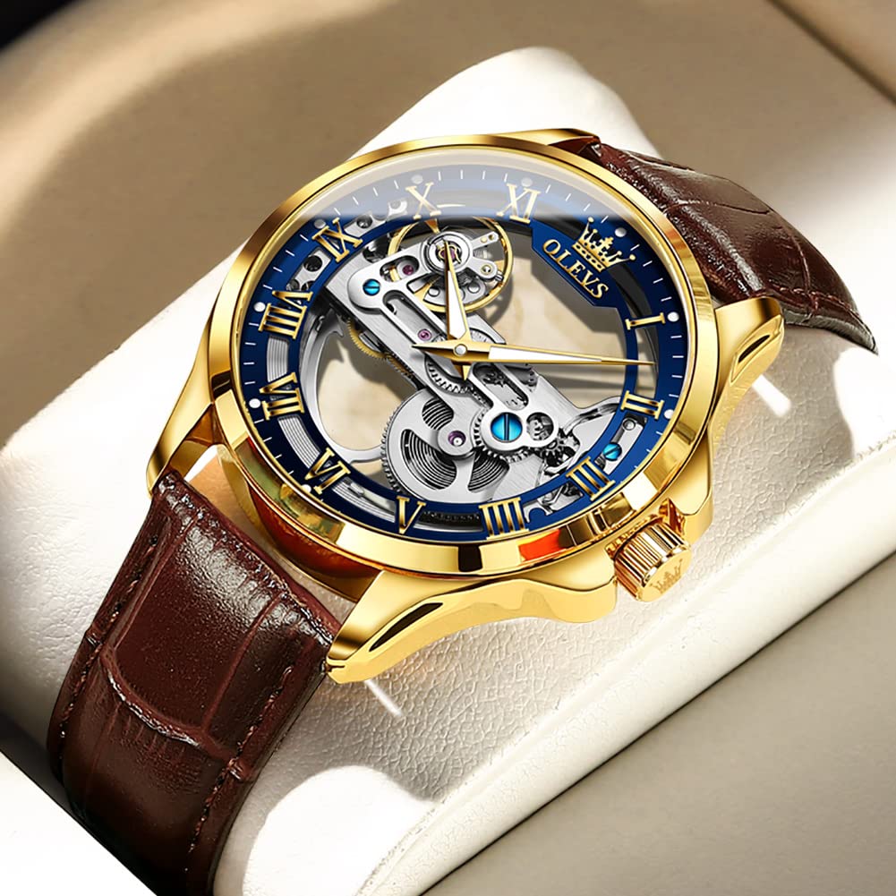 OLEVS Men's Automatic Skeleton Watch - Self-Winding Mechanical Dress Watch with Genuine Leather Strap, Waterproof & Luminous - Luxury Wristwatch for Business, Formal Events & Everyday Wear