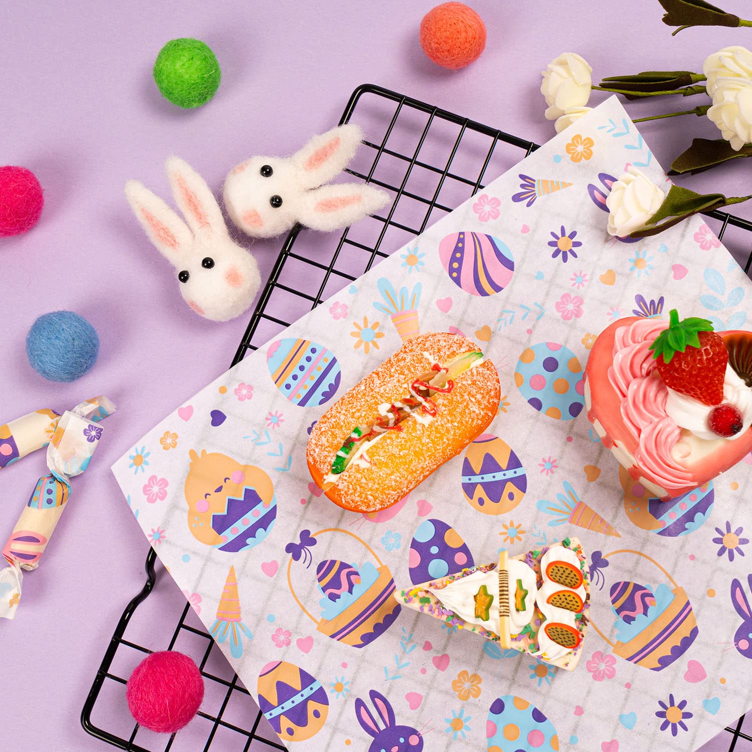 100 Pcs Easter Wax Paper Sheets - Waterproof Oil-proof Parchment Paper for Food Wrapping, Sandwich, Candy & Cookies - Rabbit Egg Floral Pattern Kitchen Baking Supplies - Perfect for Easter Treats, Party Favors & Handmade Food Packaging