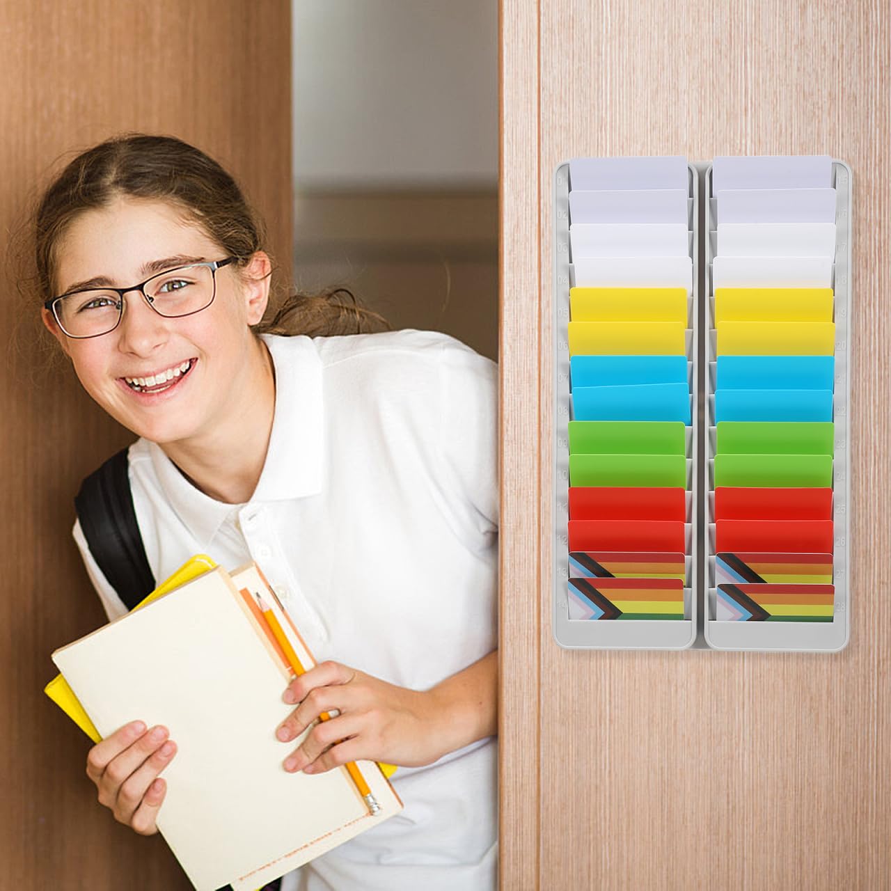 Vertical Wall-Mounted Business Card Holder & Badge Organizer - Material Card Rack with Time Clock Slot for Office, Retail & Attendance Management - Durable Pyramid Design for ID Cards, Time Cards & Business Cards Storage