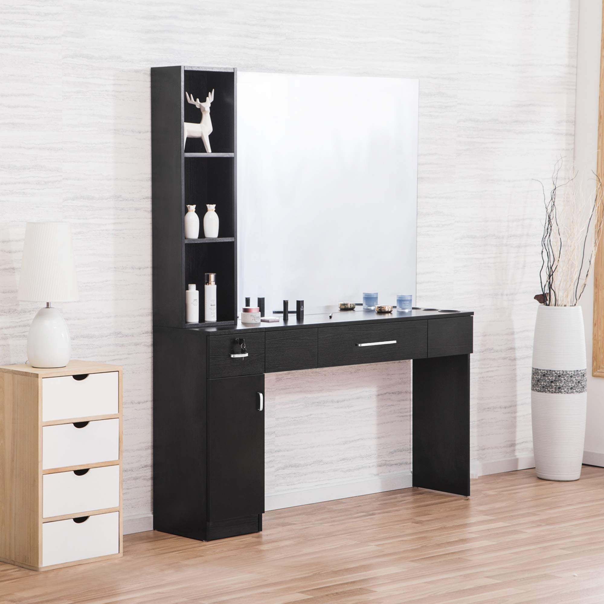 Professional Barber Salon Station with 3 Hair Dryer Holders - Wall Mounted Hair Styling & Beauty Spa Equipment Set with Mirror (Black, Model 3046) - Perfect for Barbershops, Salons & Home Styling Stations