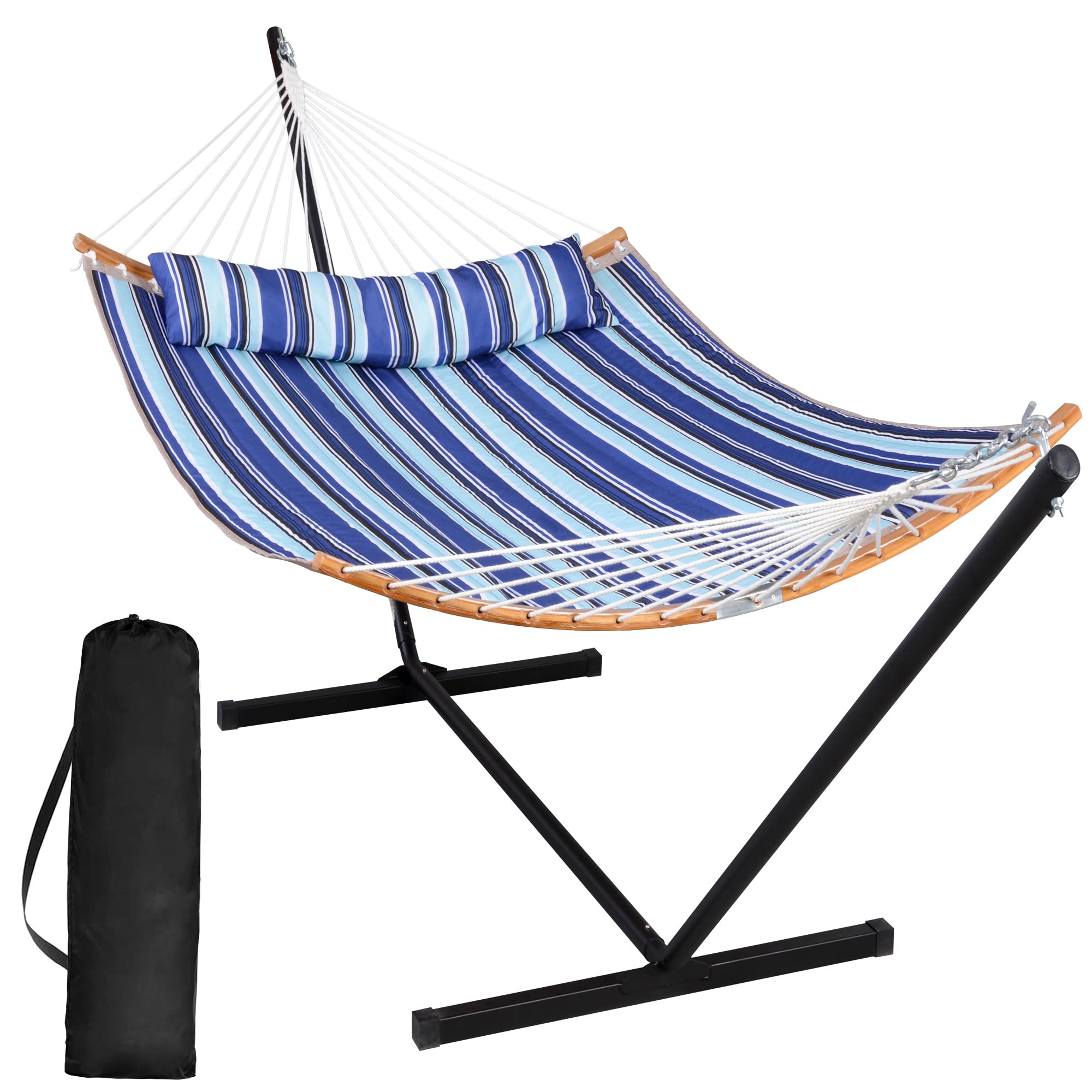 Premium SUNCREAT Double Hammock with Stand - Portable Outdoor Hammock Set with Large Pillow, Blue Stripes - Perfect for Backyard, Beach, Camping & Patio Relaxation