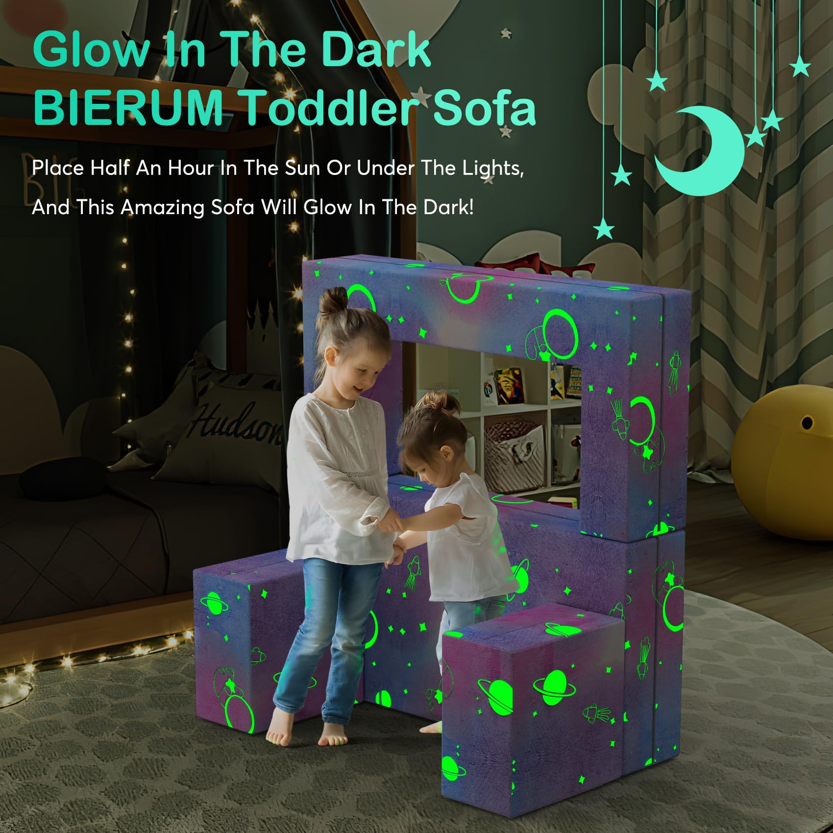 BIERUM Kids Couch - 6PCS Modular Play Sofa with Glow Effects & Blanket, Convertible Toddler Couch for Girls Boys - Perfect for Playroom, Nursery, Indoor Play & Family Movie Nights