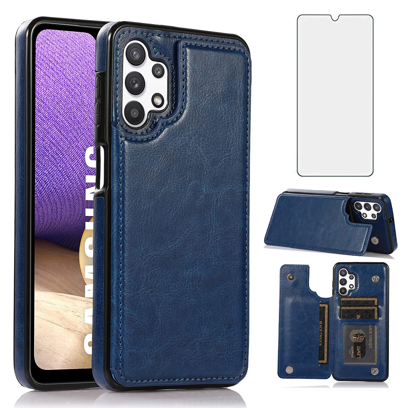 Asuwish Samsung Galaxy A32 5G Wallet Case with Card Holder & Stand - 6.5 Inch Flip Leather Cover with Tempered Glass Screen Protector (Compatible with Galaxy A32 5G/A326U/S32) - Perfect for Work, Travel & Everyday Use (Blue)